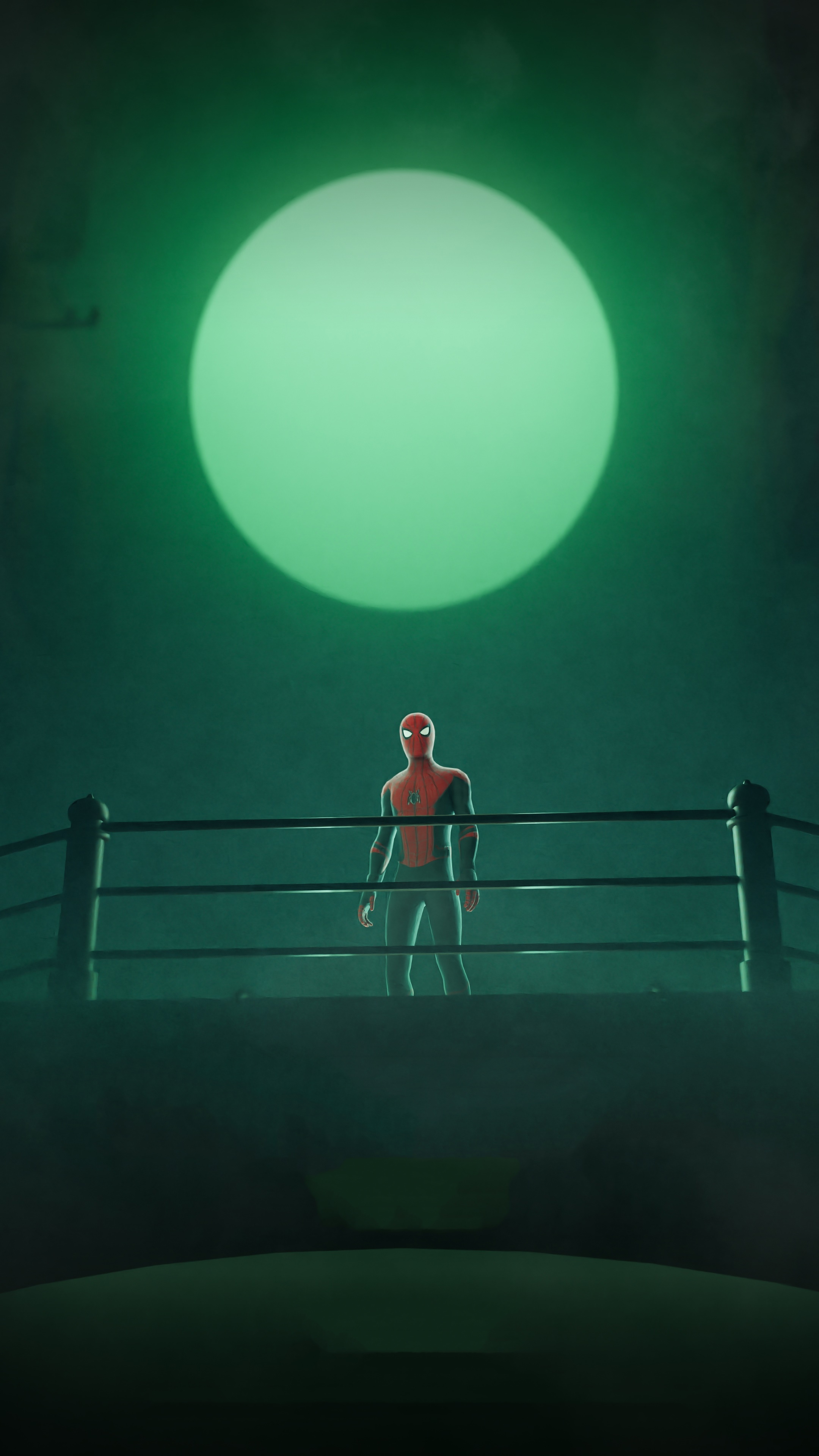Spider-Man in a boxing ring under a green moon HD Phone Wallpaper