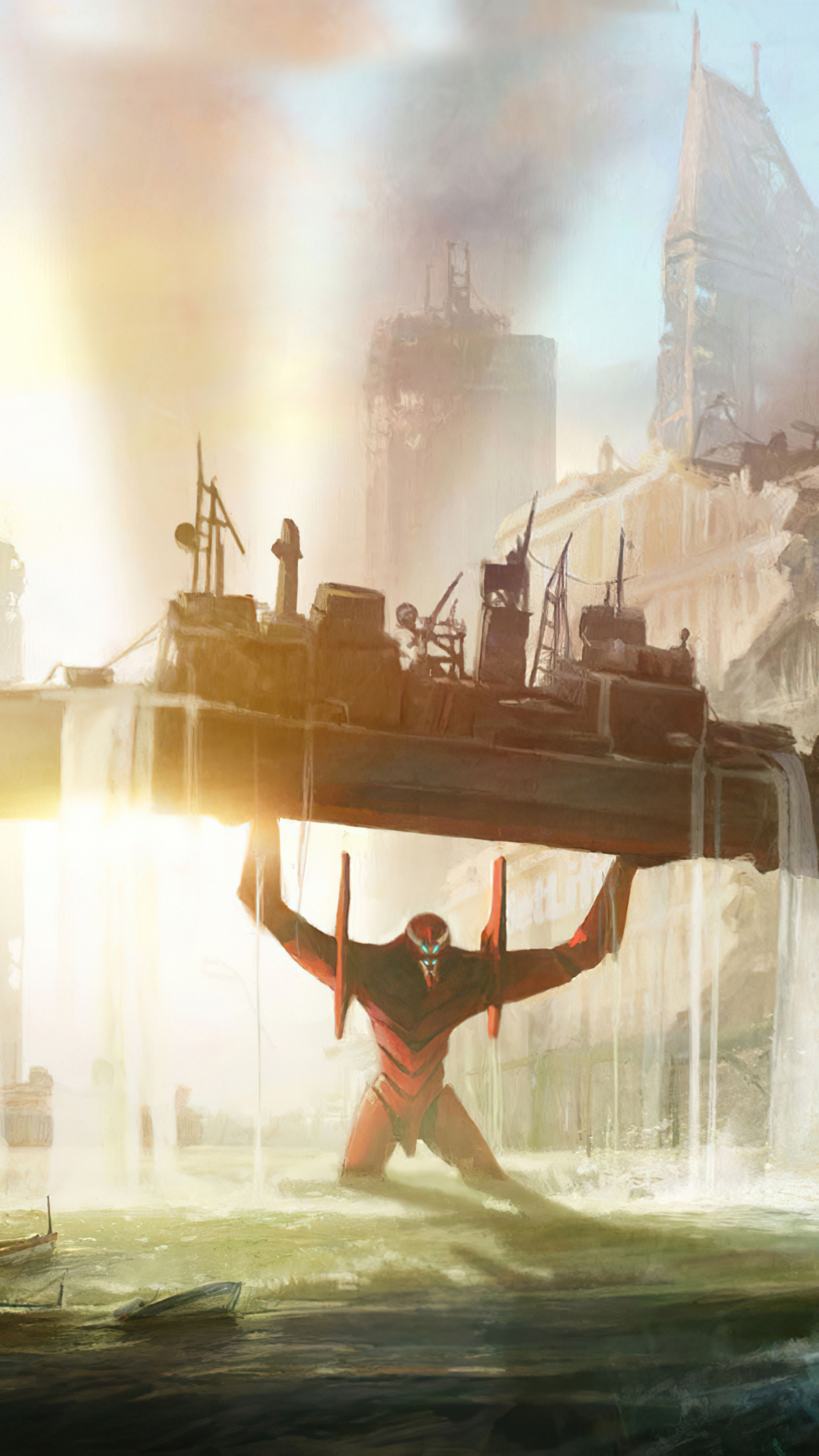 Evangelion Unit-02 lifting a ship in a post-apocalyptic city HD Phone Wallpaper