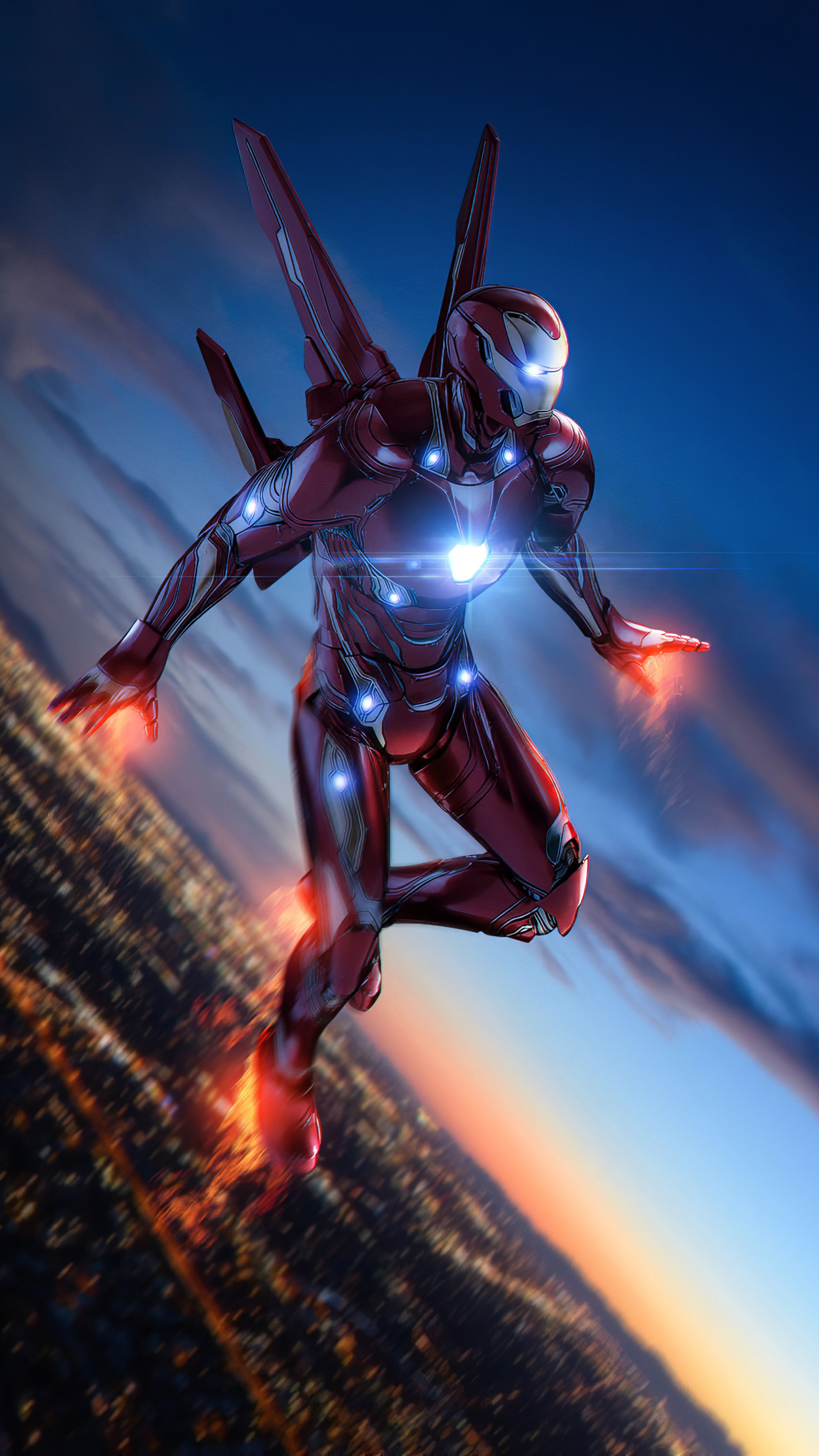 Iron Man flying over a city at dusk HD Phone Wallpaper
