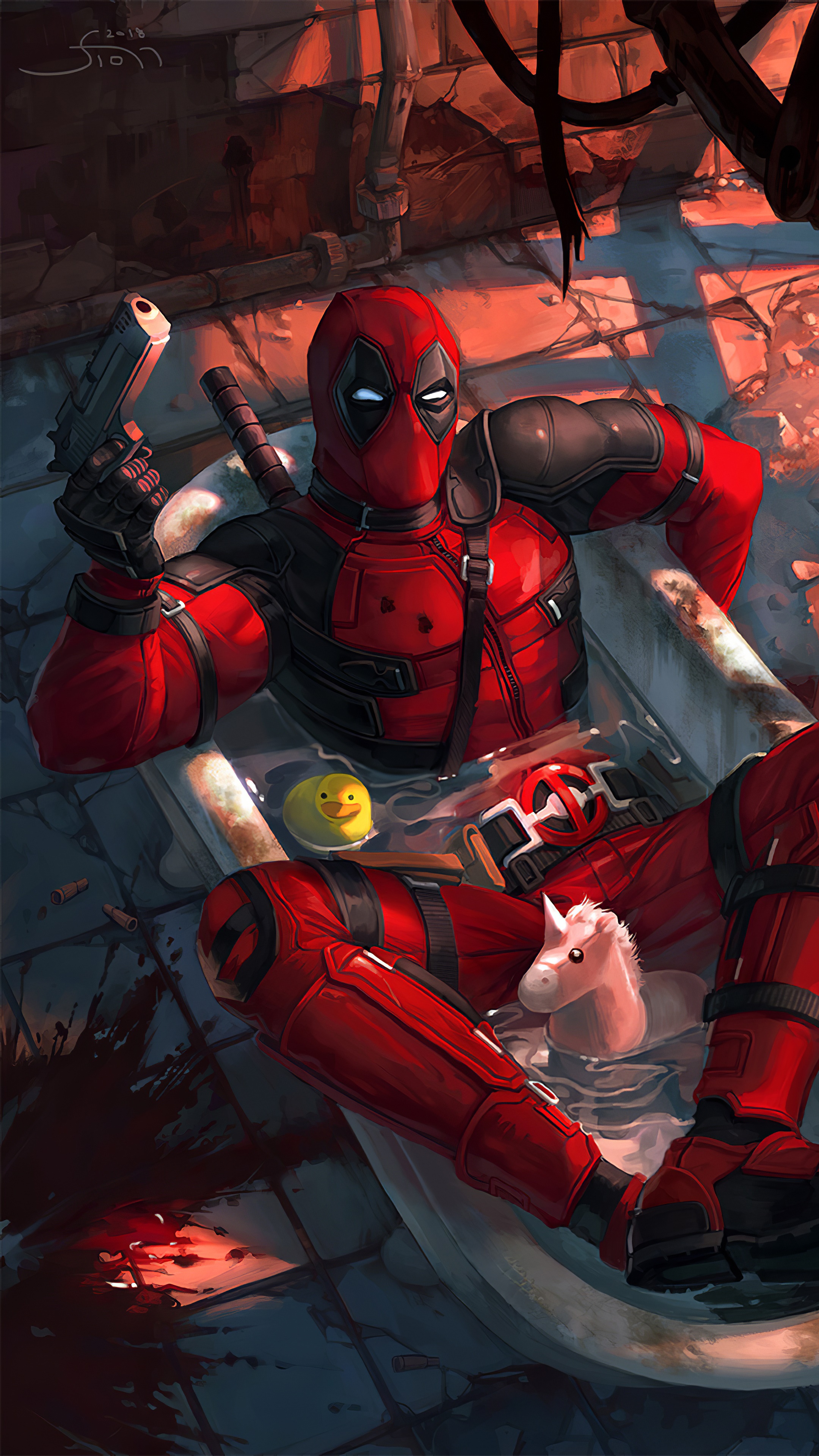 Deadpool in a bathtub with toys HD Phone Wallpaper