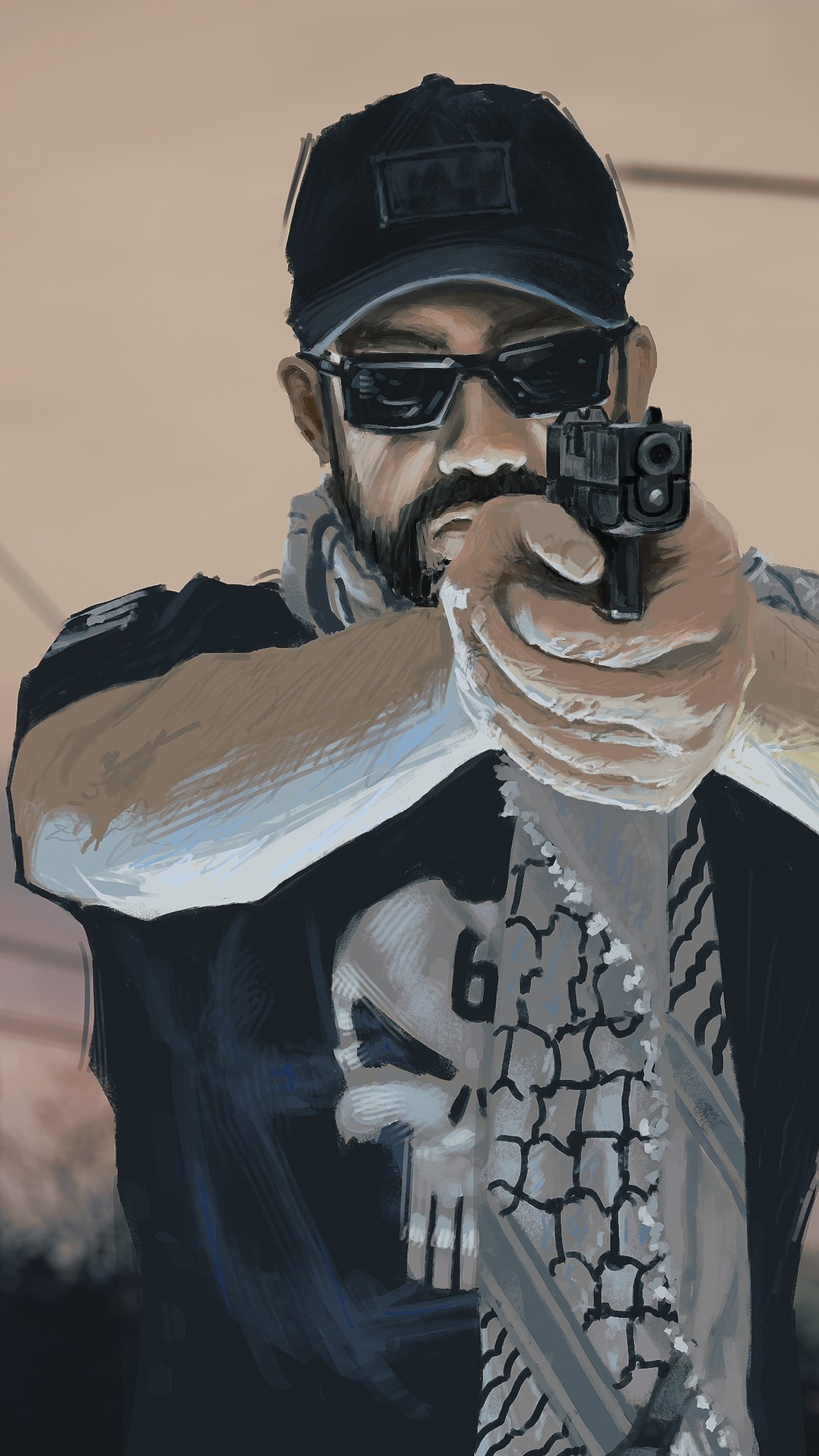 Man with gun and Punisher shirt HD Phone Wallpaper