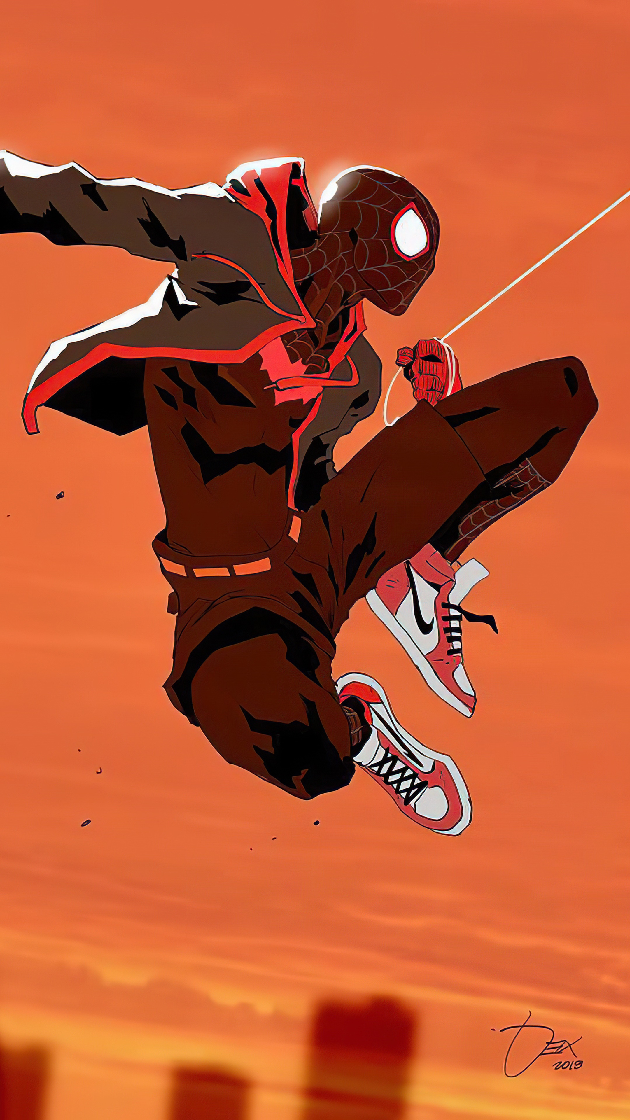 Spider-Man (Miles Morales) swinging through the sky HD Phone Wallpaper
