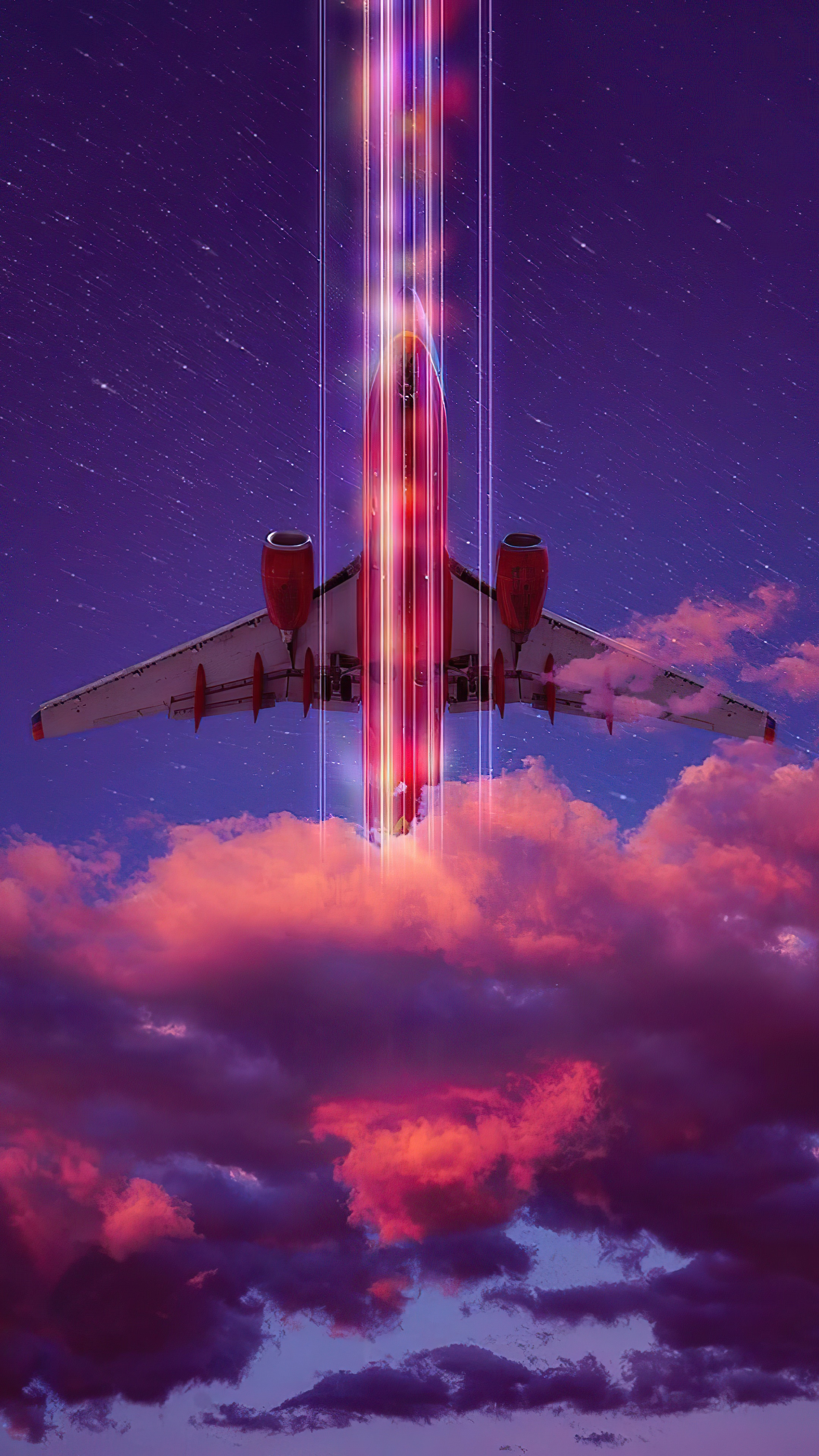 Airplane ascending through neon light in starry sky HD Phone Wallpaper