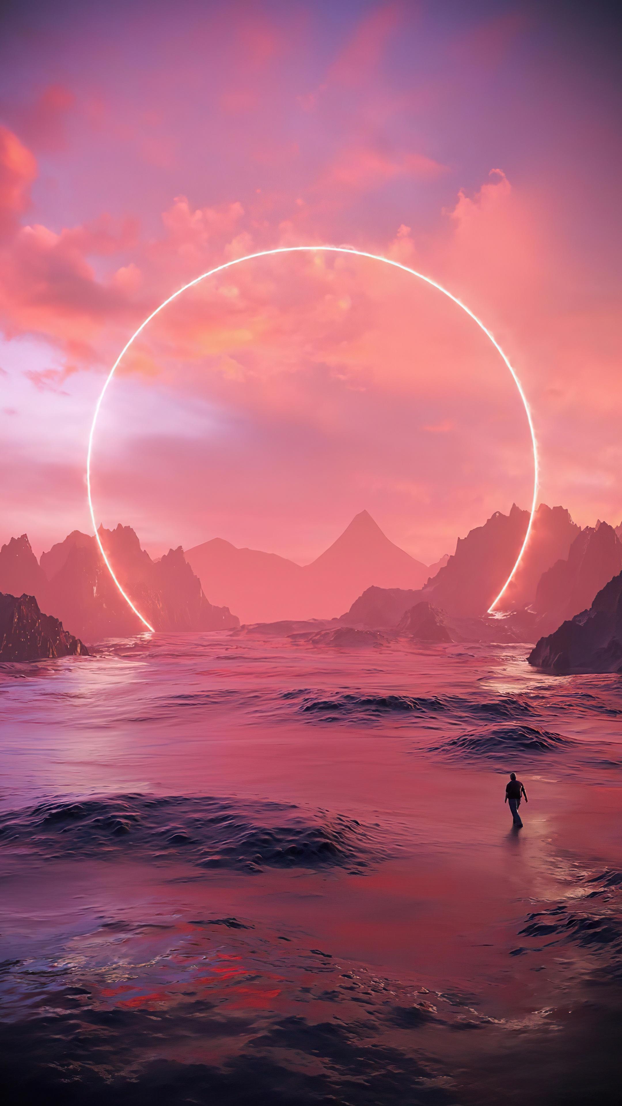 Digital artwork with a glowing circle over a surreal landscape HD Phone Wallpaper
