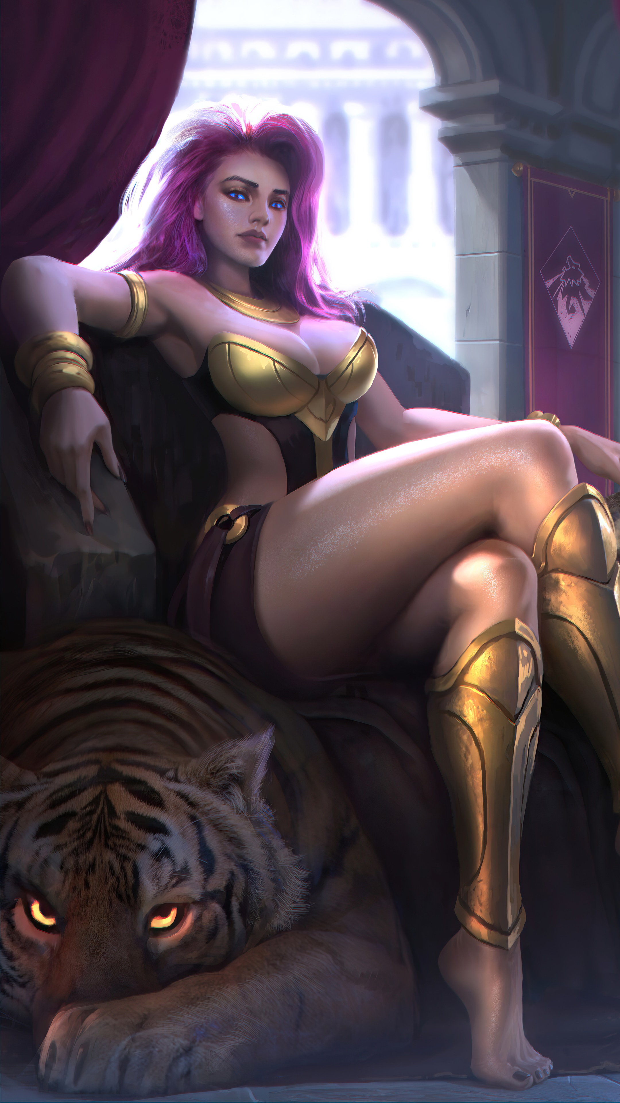 Nidalee from League of Legends with a tiger HD Phone Wallpaper