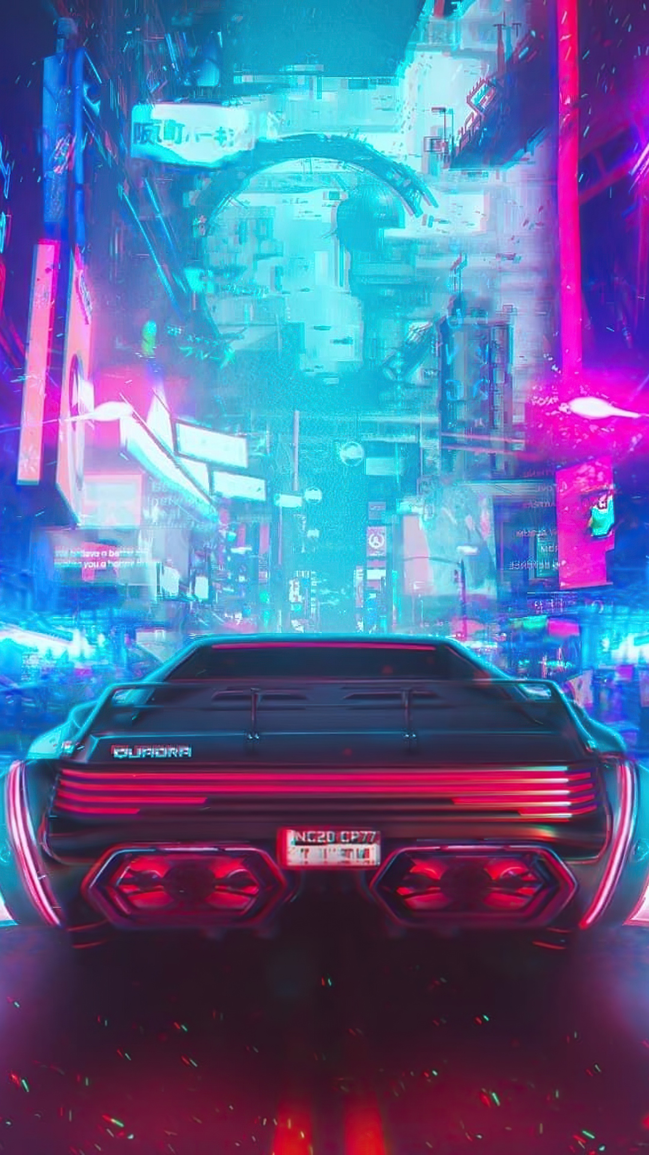 Cyberpunk city street with a futuristic car HD Phone Wallpaper