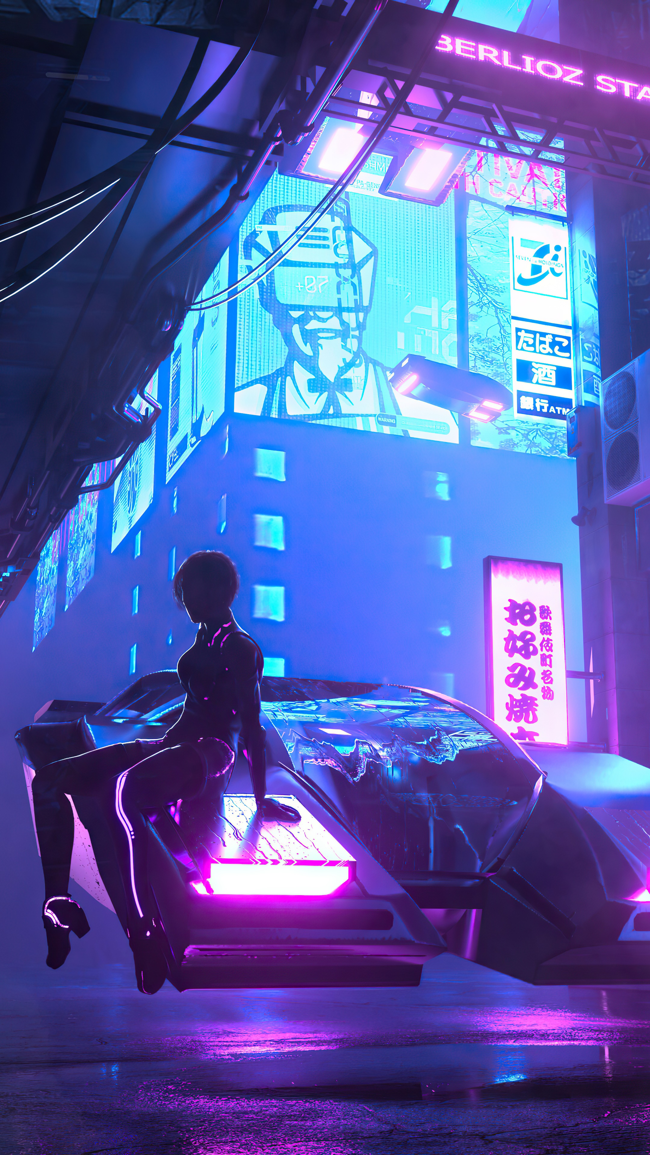 Cyberpunk city with a woman on a futuristic vehicle HD Phone Wallpaper