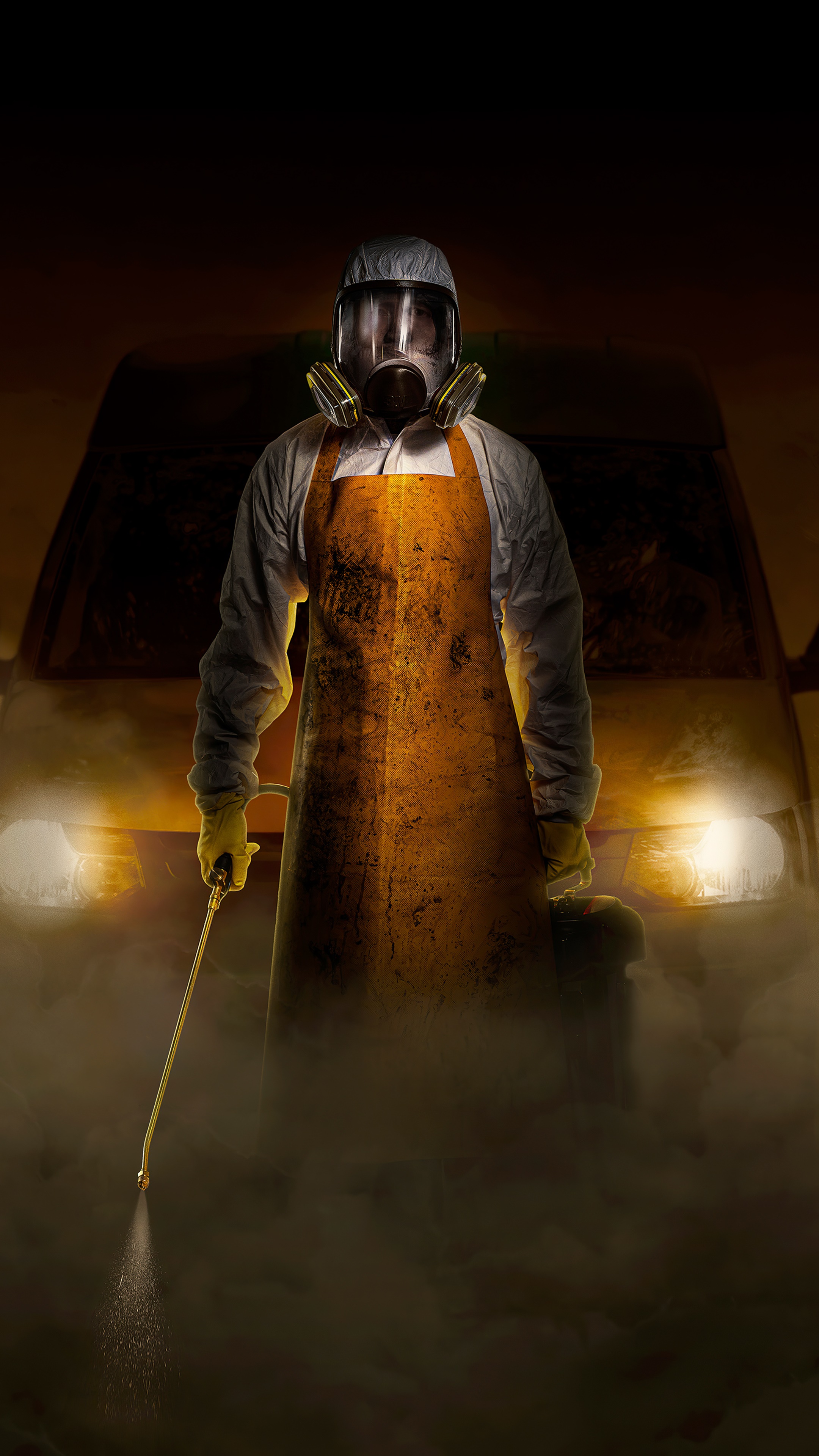 Man in Hazmat suit with gas mask and apron HD Phone Wallpaper