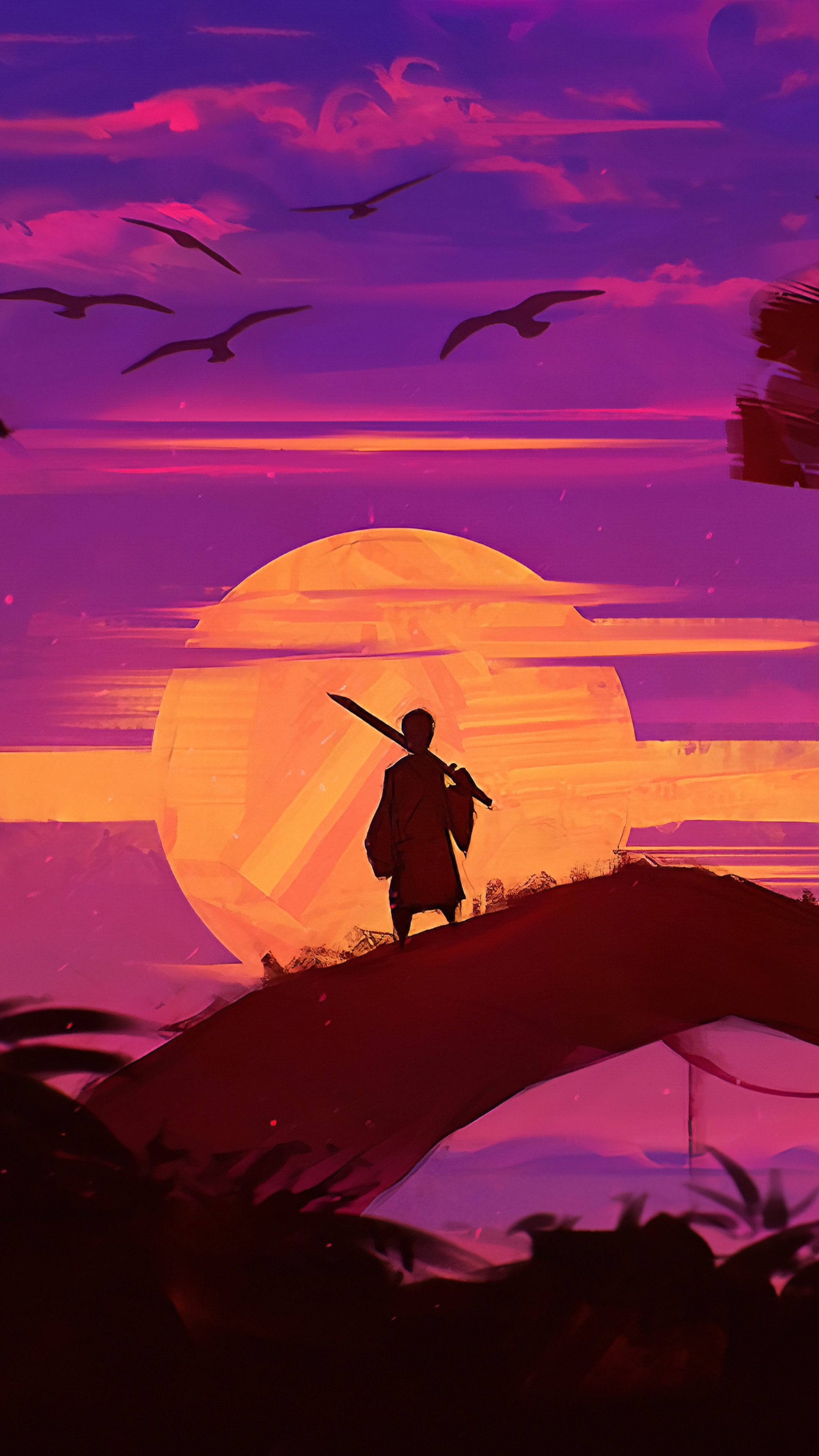 Silhouette of a warrior with a sword at sunset HD Phone Wallpaper