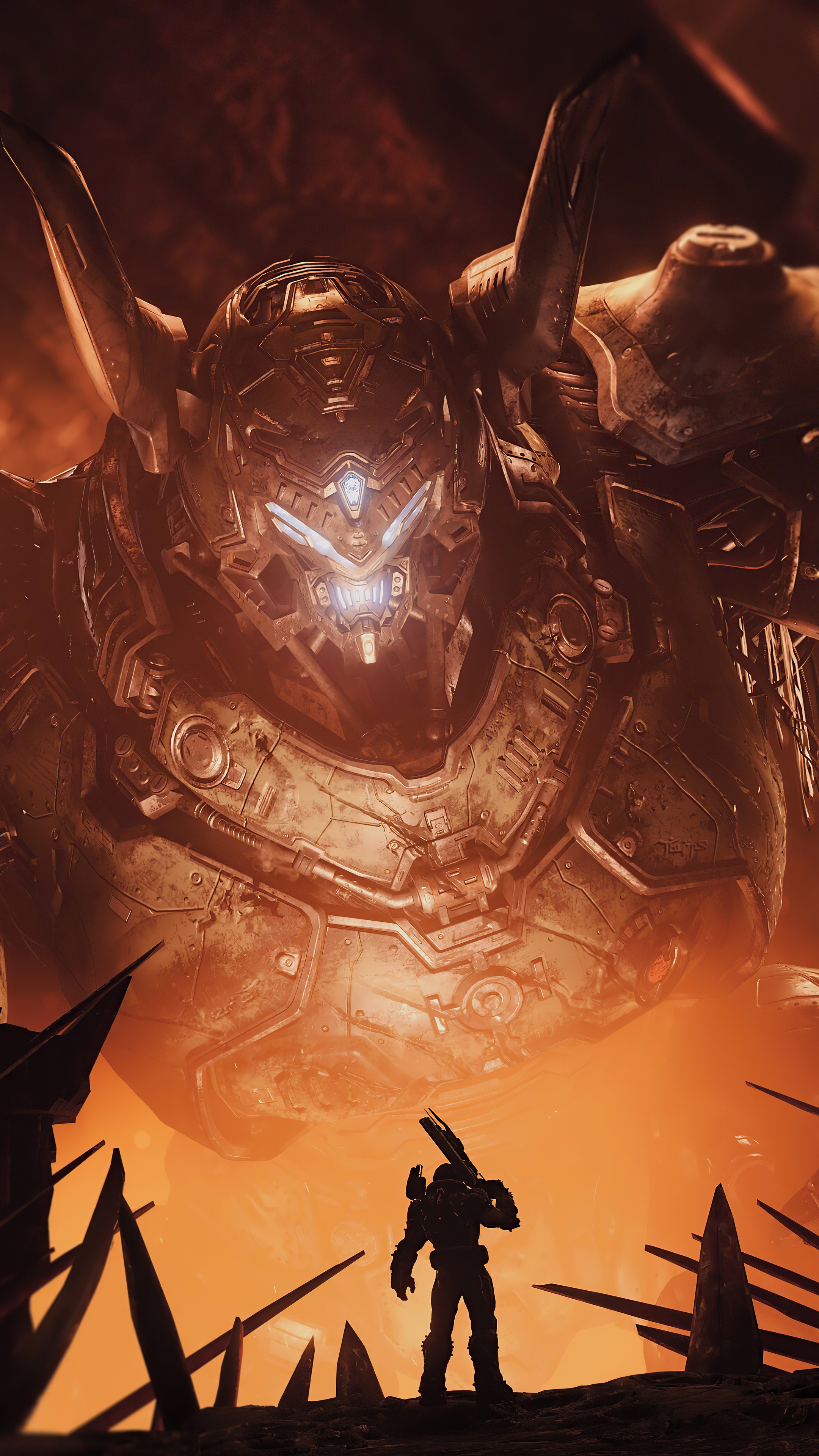 Doom Slayer facing a giant demon in Doom Eternal 4K HD Phone Wallpaper