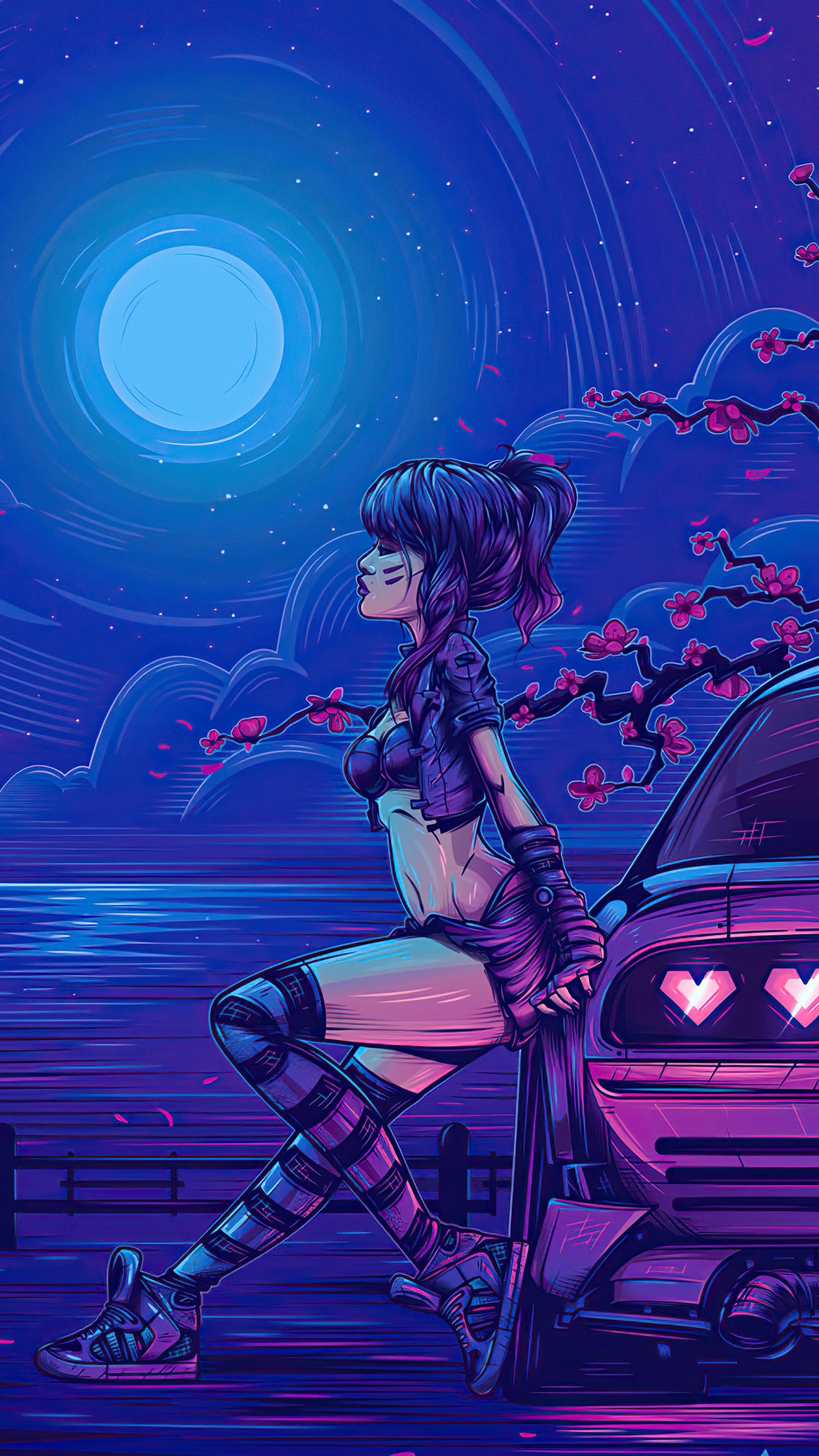 Anime girl leaning on car at night HD Phone Wallpaper