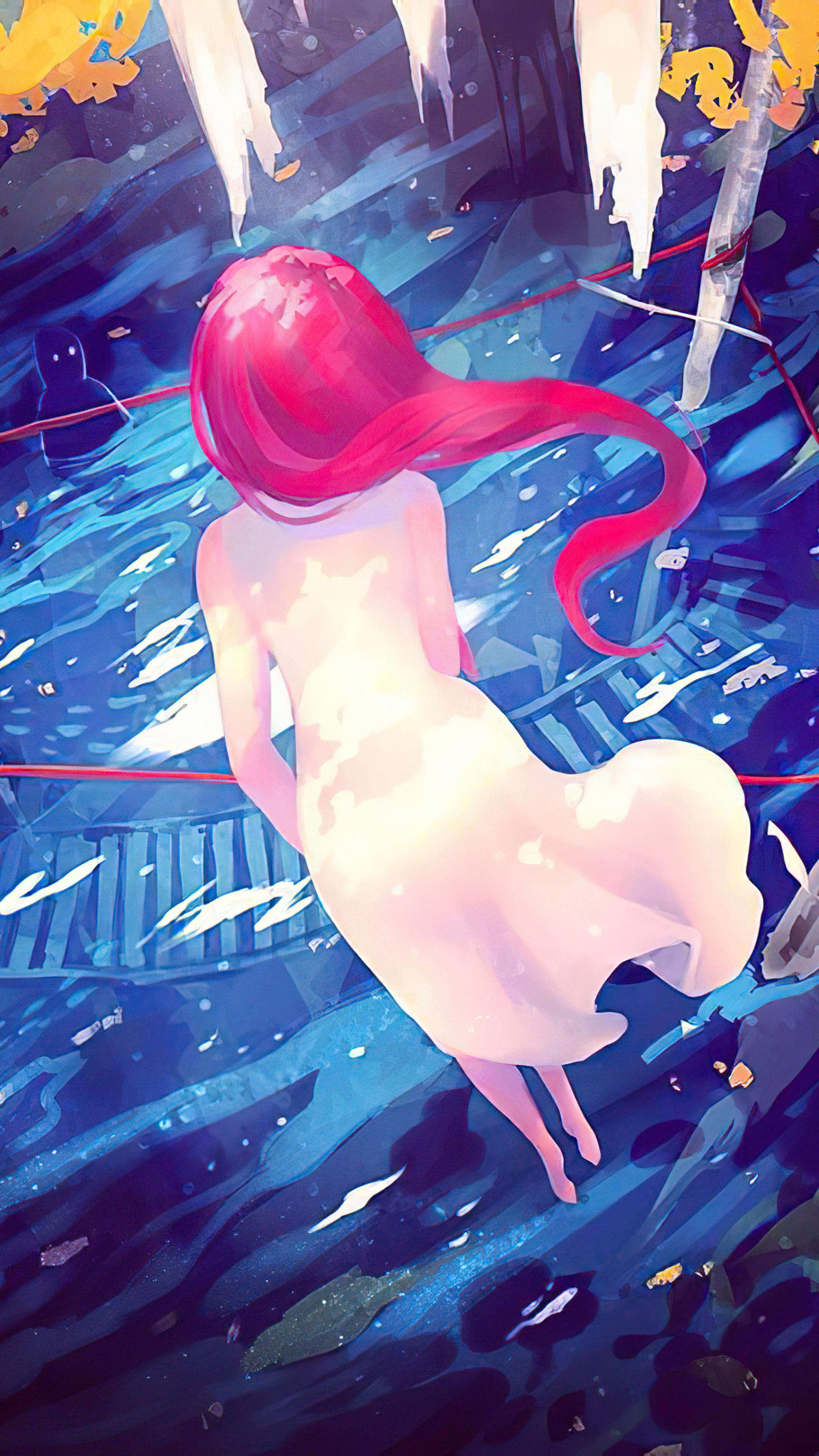 Girl with pink hair in white dress floating in water HD Phone Wallpaper