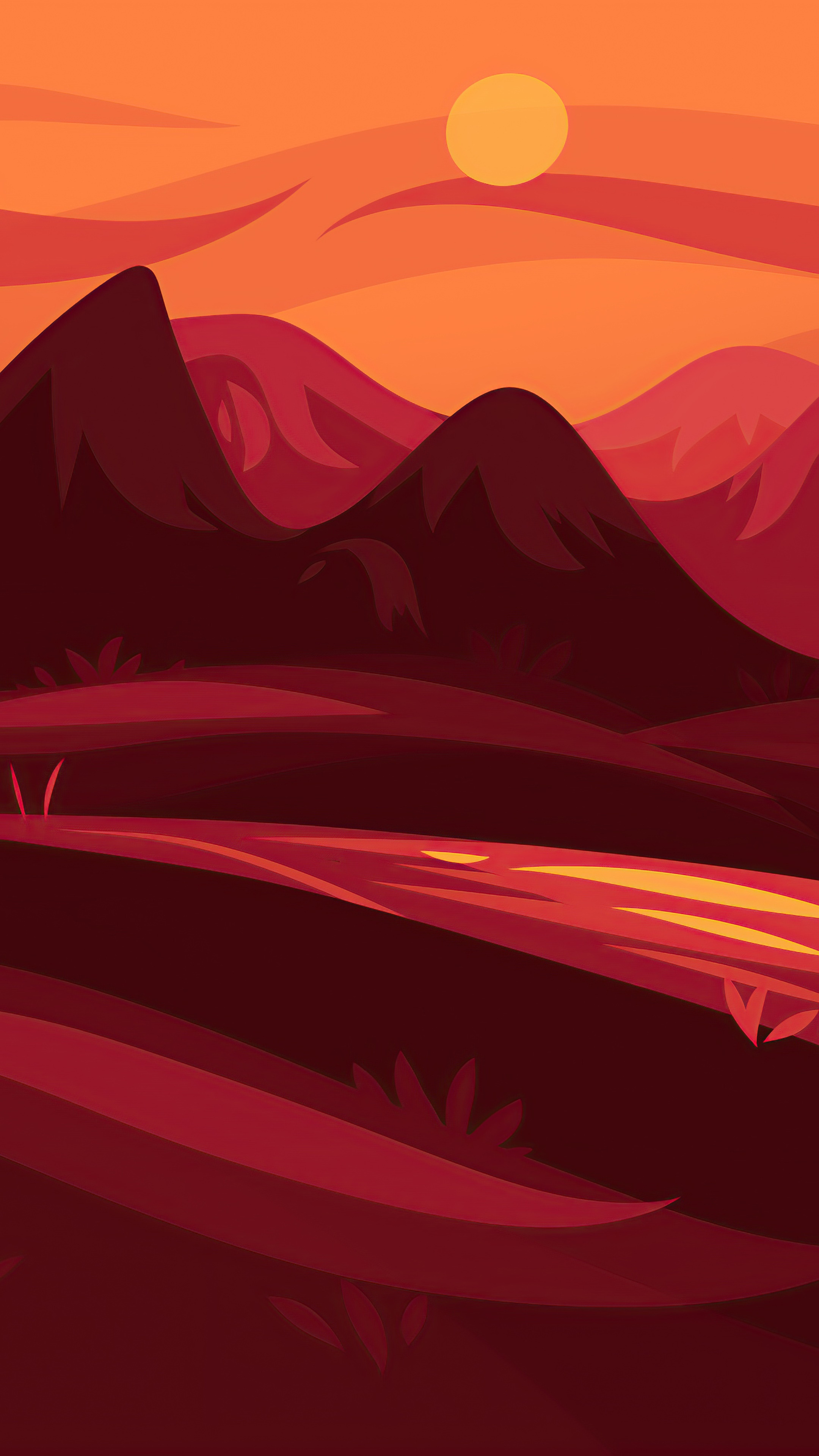 Sunset over mountains and river HD Phone Wallpaper