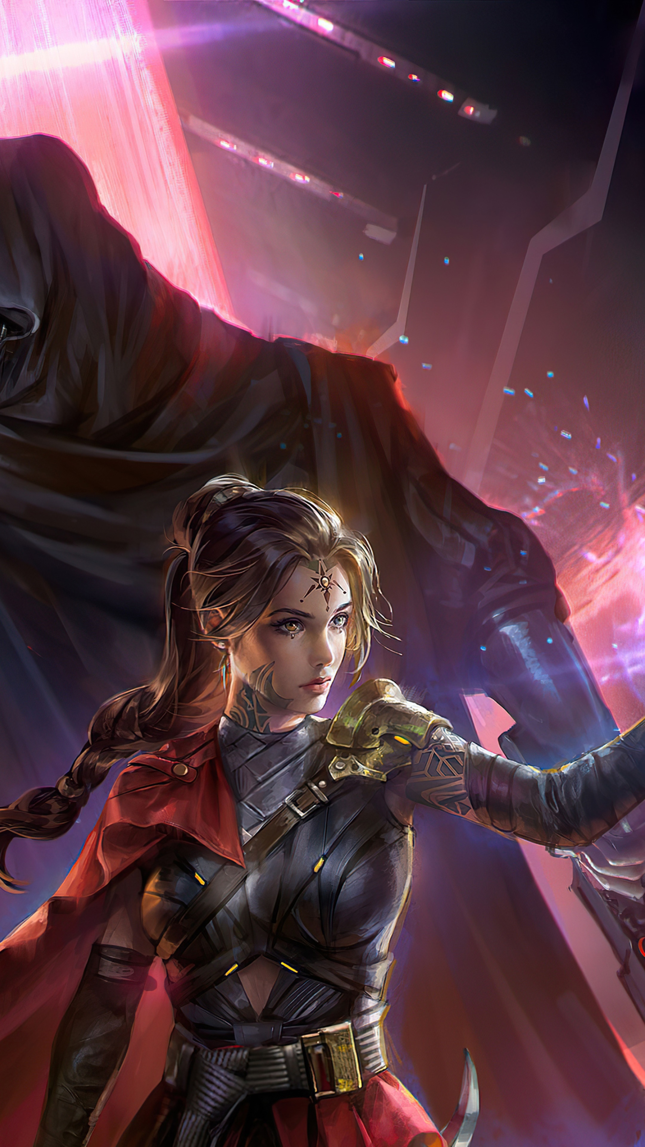 Artwork of a woman in armor with a hooded figure behind her HD Phone Wallpaper