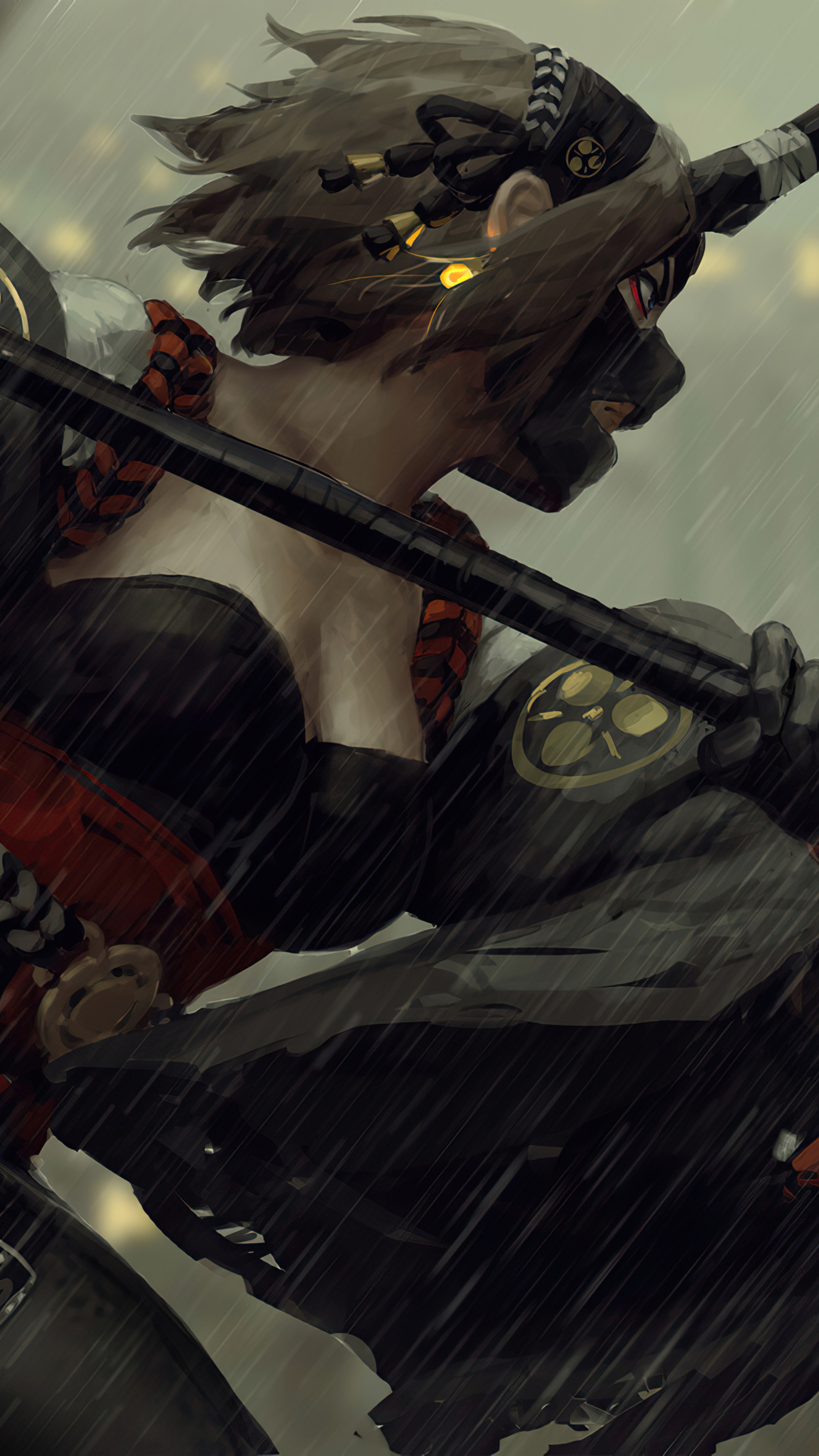 Samurai with mask and staff in rain HD Phone Wallpaper
