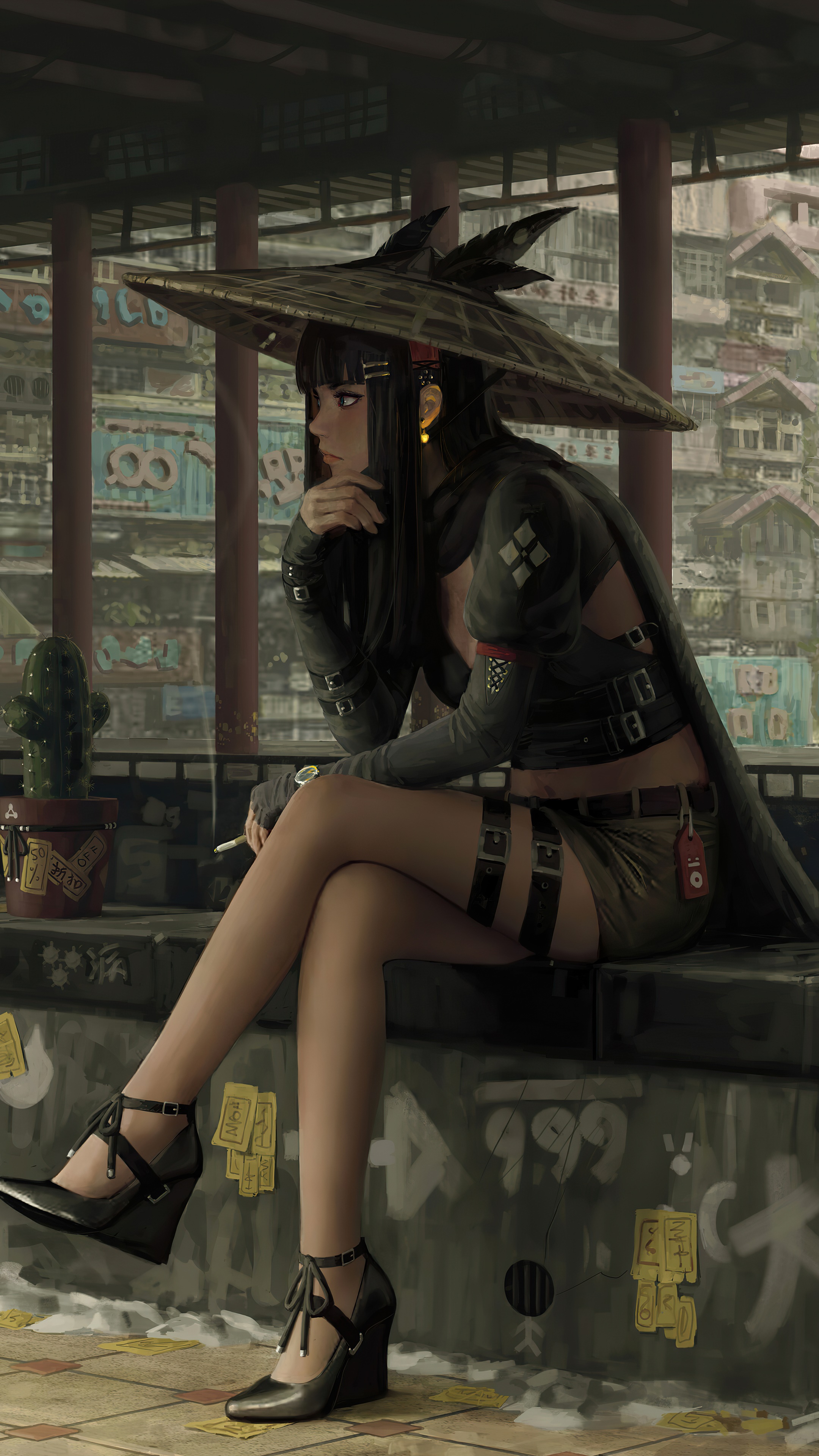 Anime girl with hat and cigarette HD Phone Wallpaper