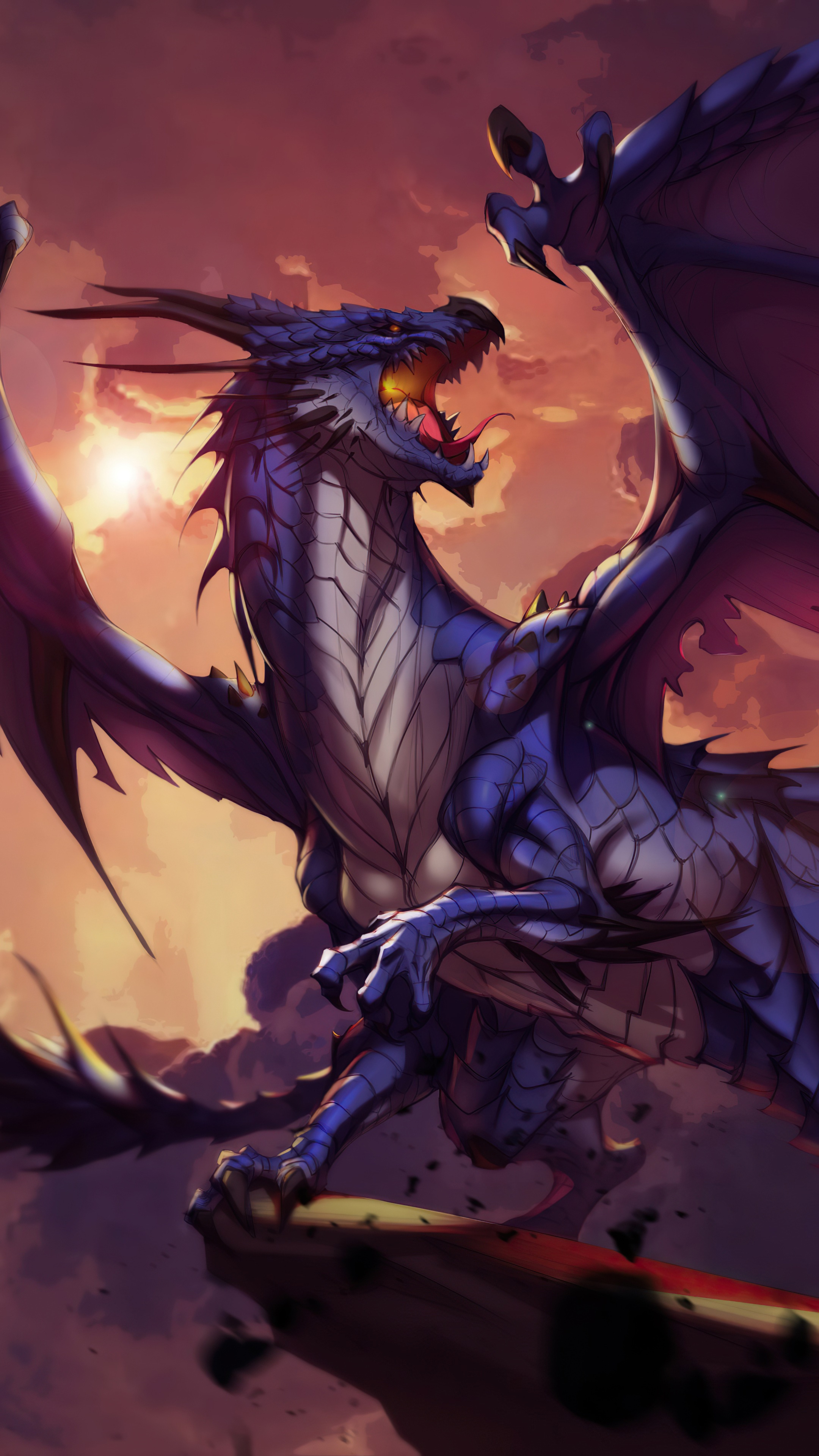 Blue Dragon roaring at sunset HD Phone Wallpaper