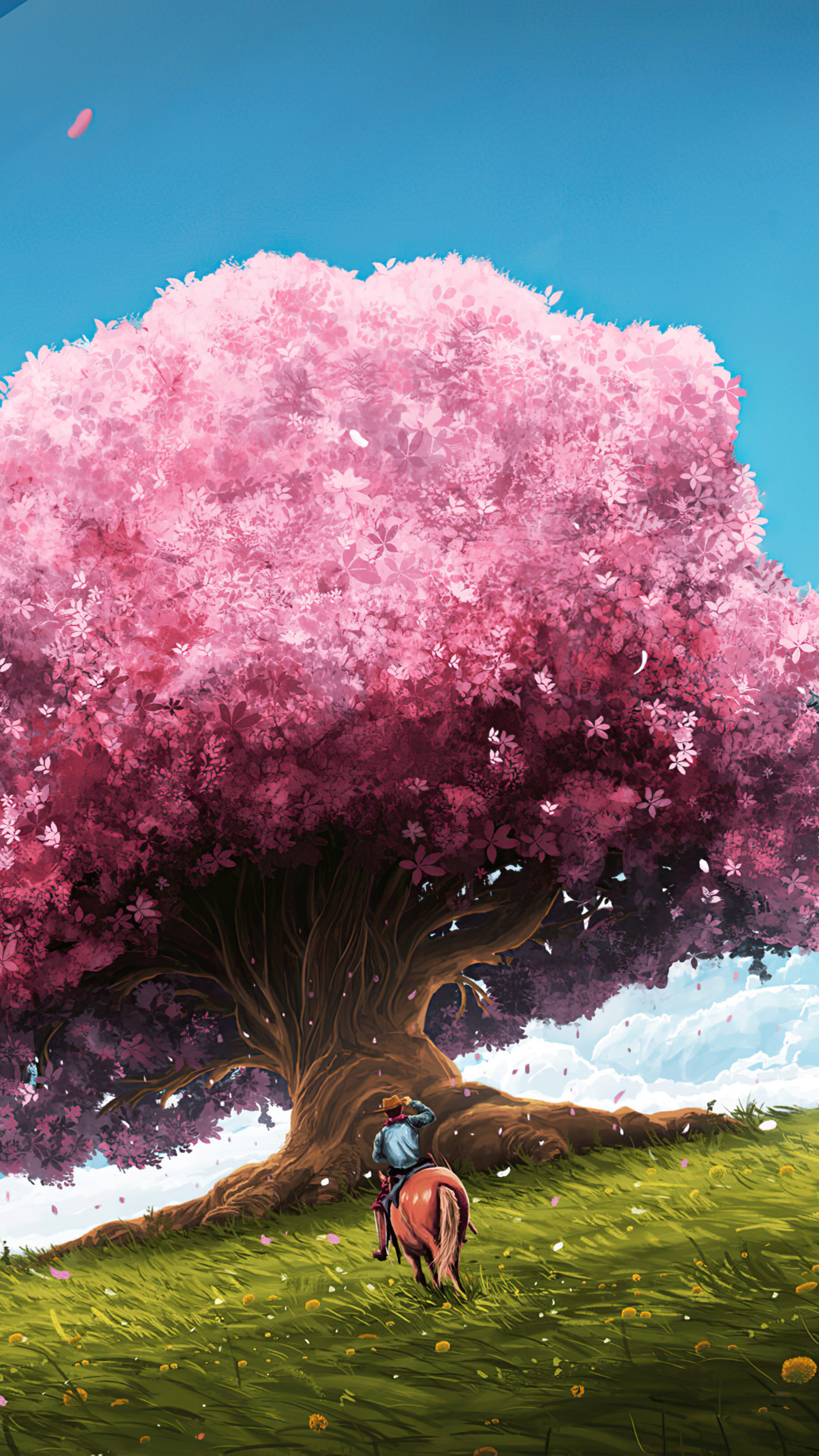 Man on horse under a large cherry blossom tree HD Phone Wallpaper