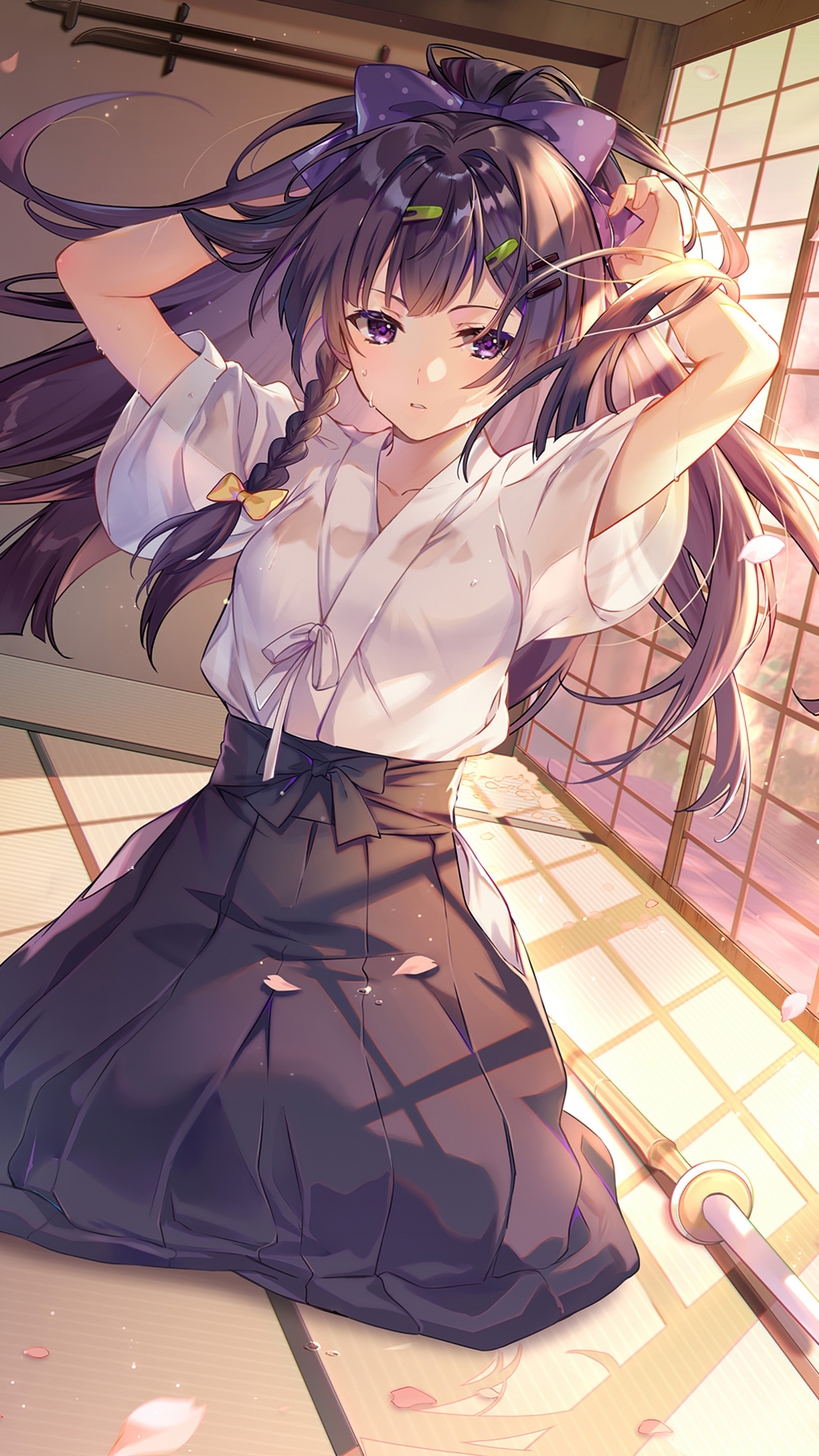 Anime girl with purple hair in traditional Japanese attire HD Phone Wallpaper