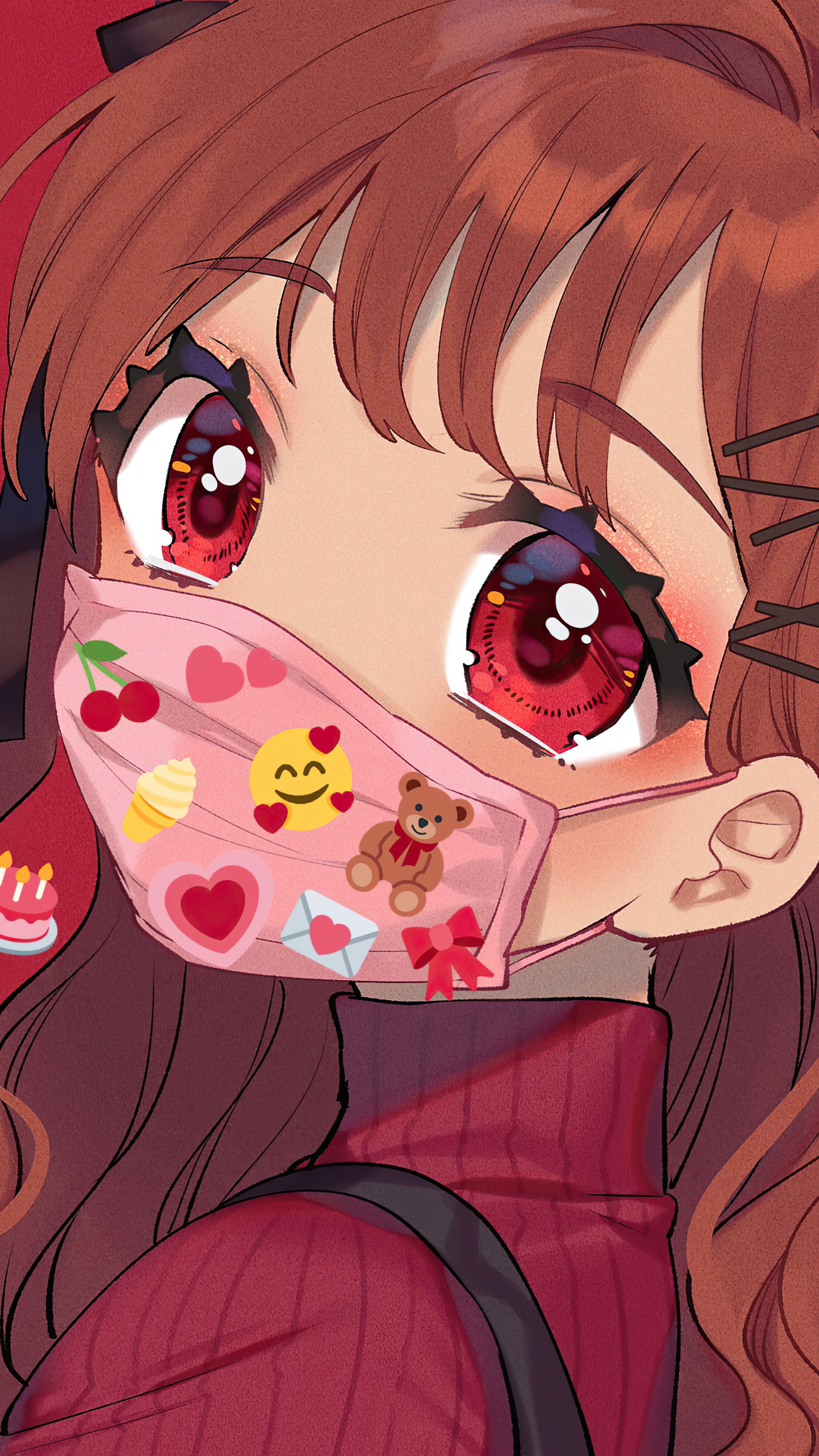 Anime girl wearing a mask with emojis HD Phone Wallpaper