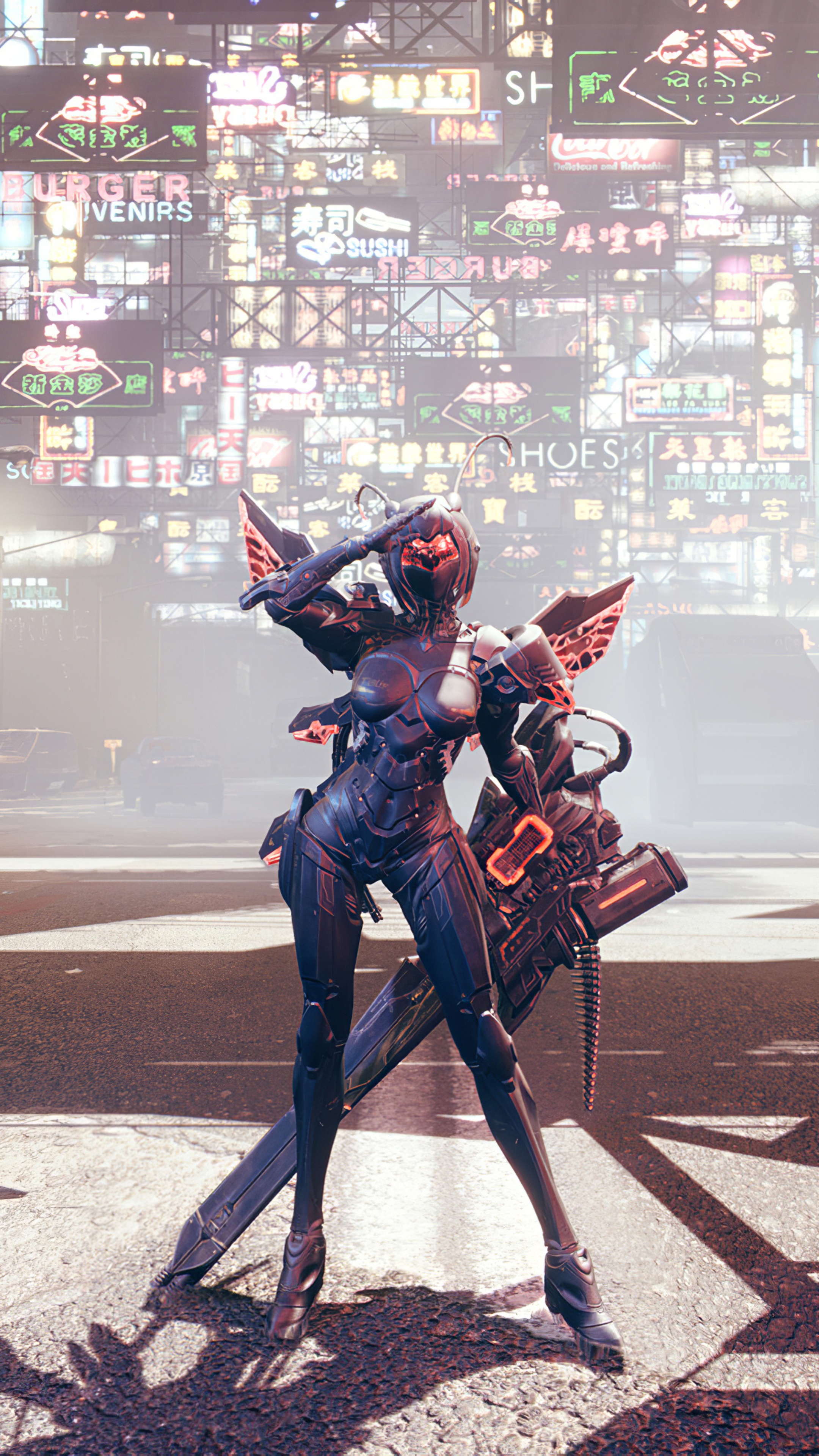 Cyberpunk character with wings and weapon HD Phone Wallpaper