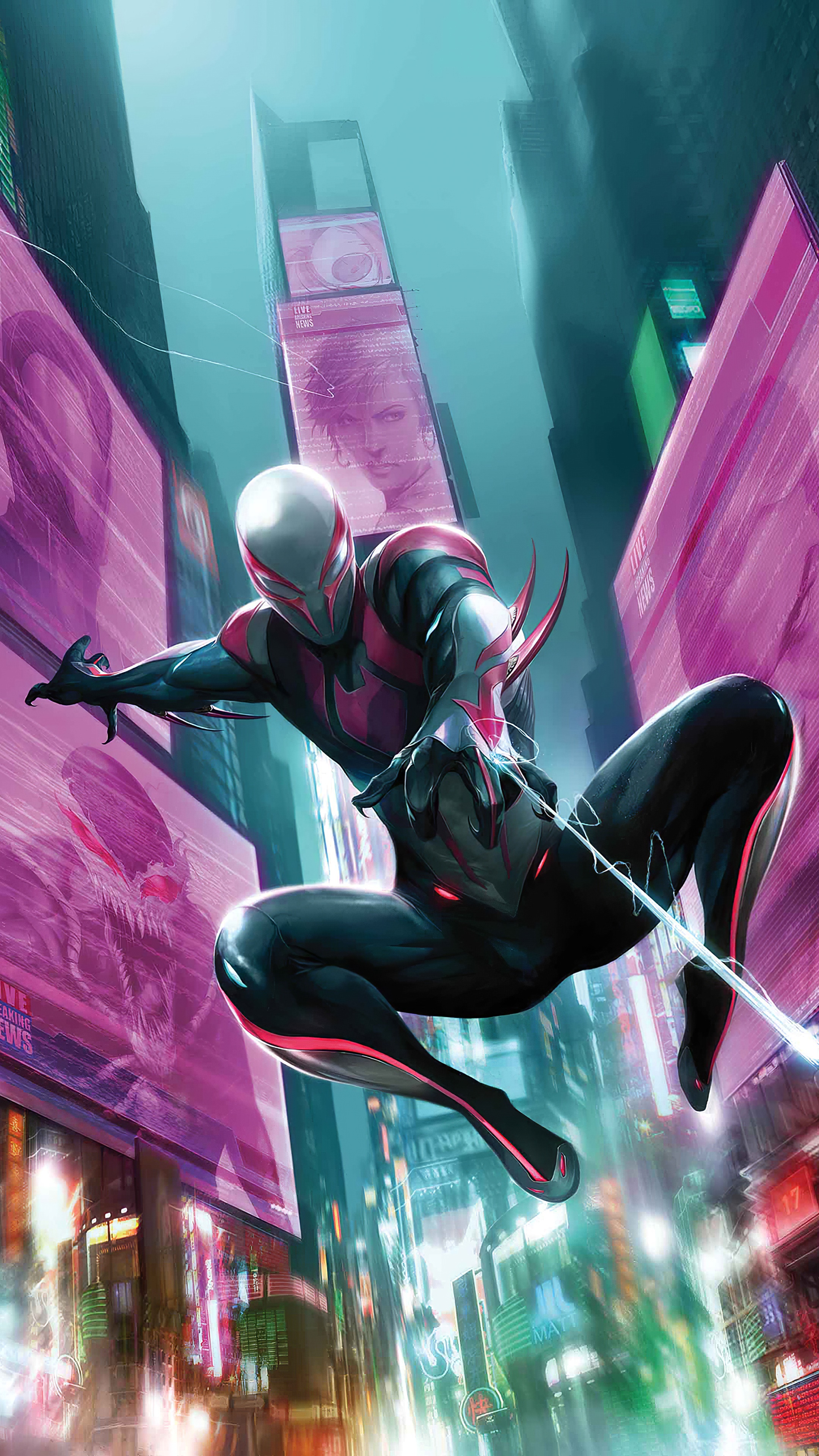 Spider-Man 2099 in Times Square Artwork 4K HD Phone Wallpaper