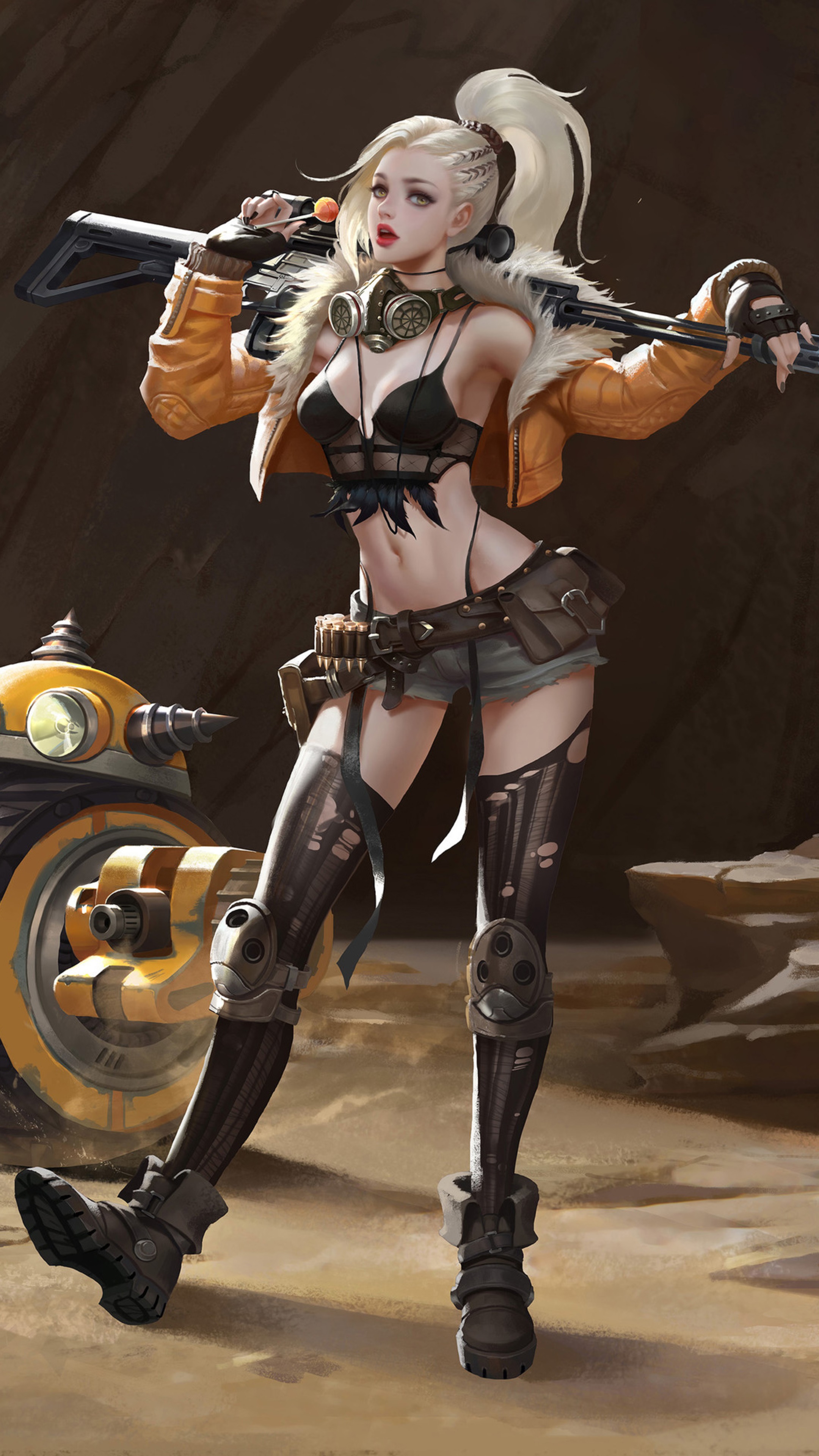 Woman with rifle and robot HD Phone Wallpaper