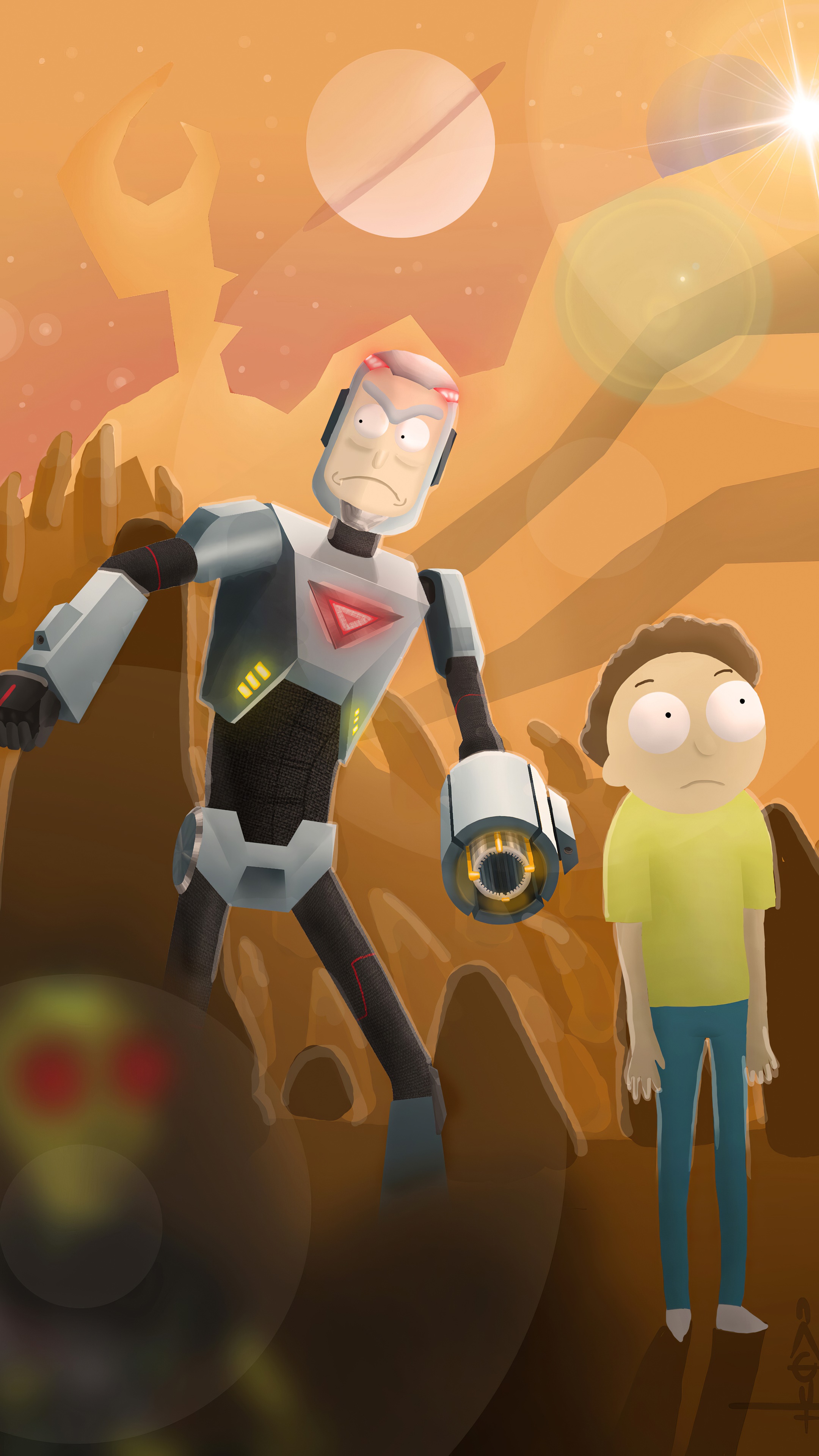 Rick and Morty: Robot and Morty in Alien Landscape HD Phone Wallpaper
