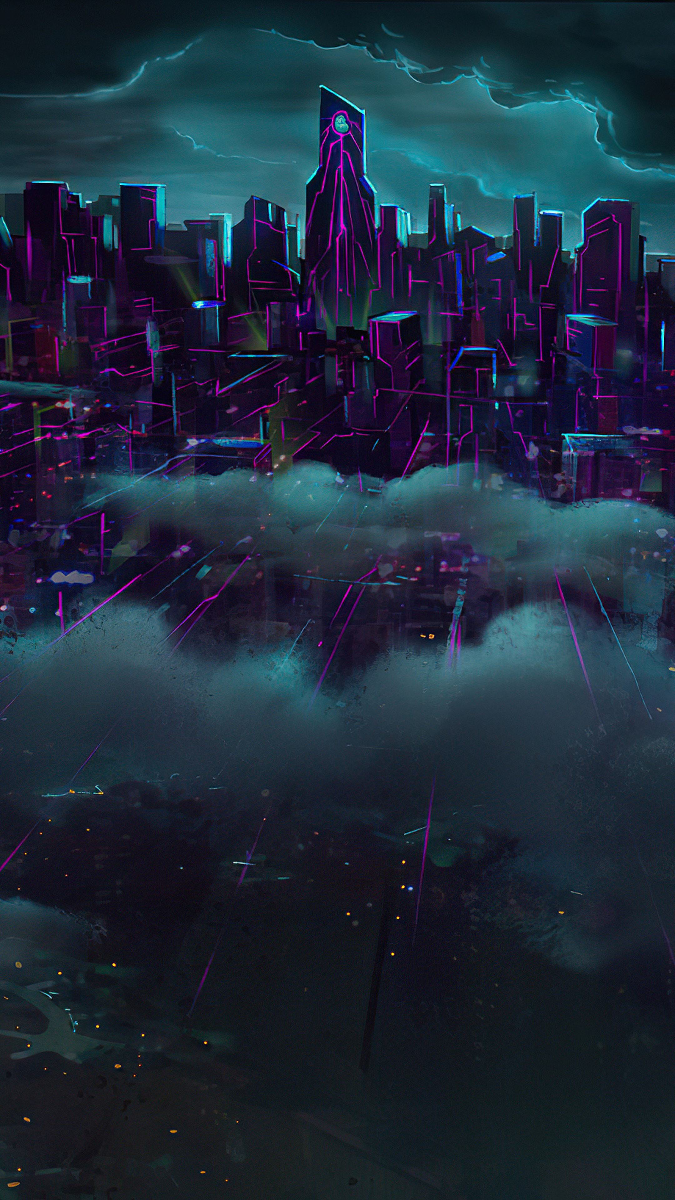Cyberpunk city with lightning and clouds HD Phone Wallpaper