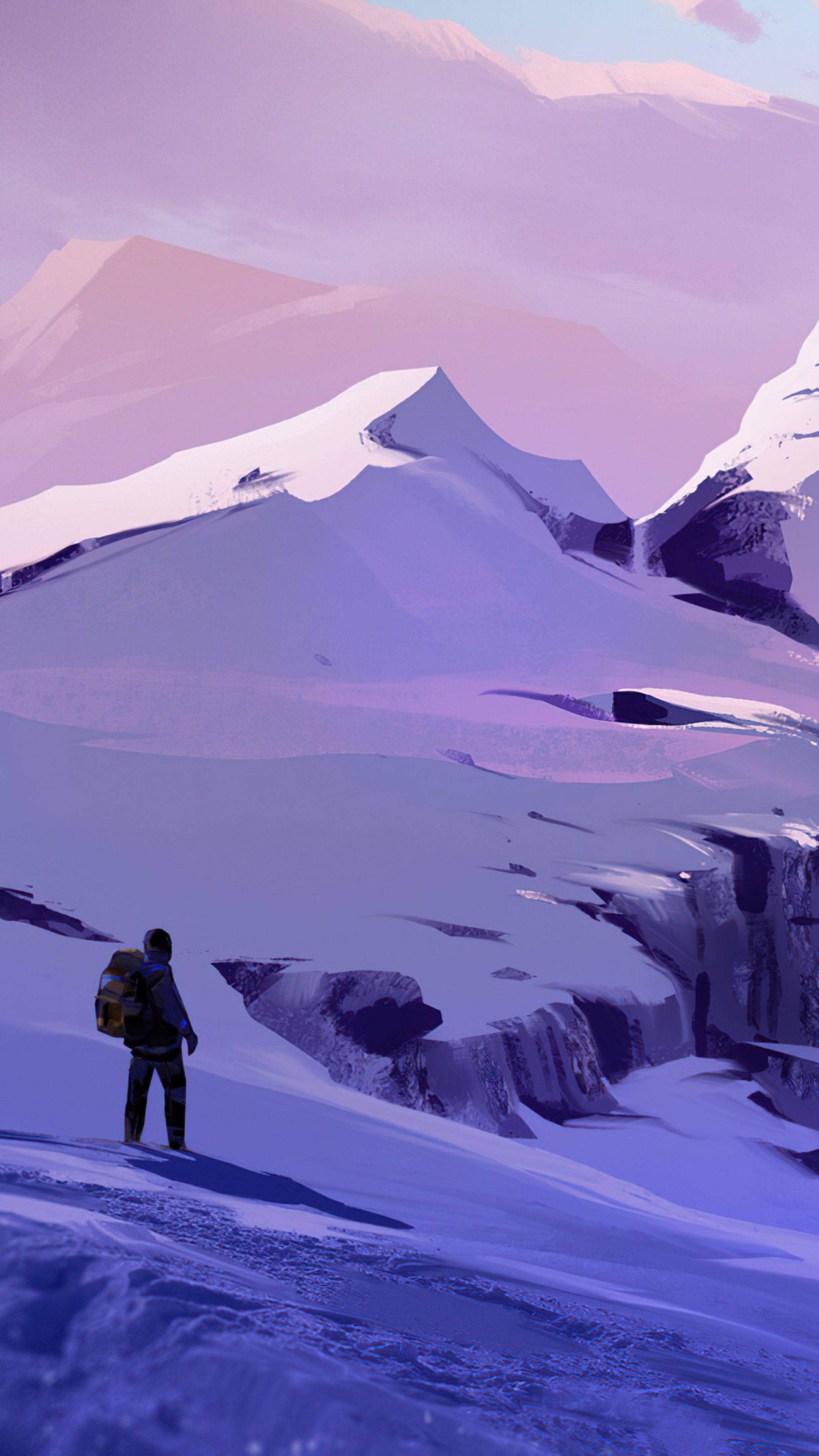 Digital art of a lone hiker in snowy mountains HD Phone Wallpaper