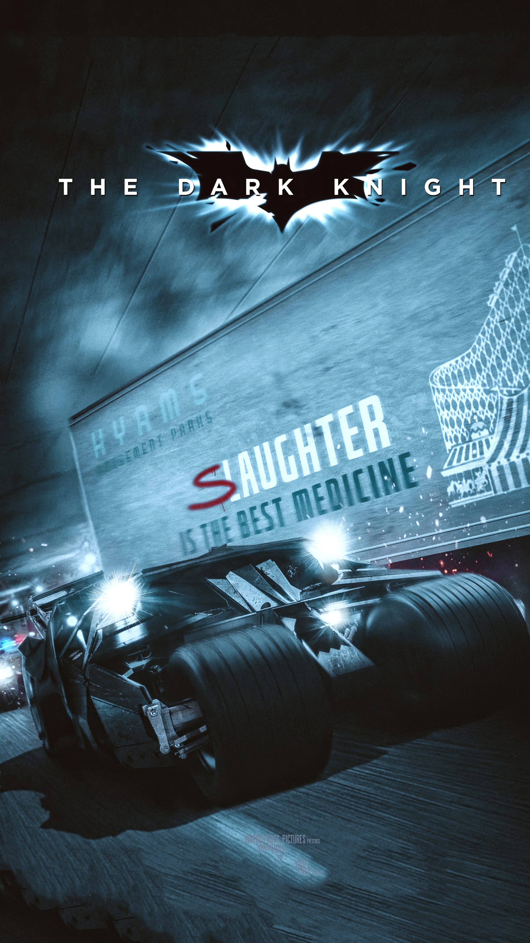 The Dark Knight Batmobile with "Slaughter is the Best Medicine" slogan HD Phone Wallpaper