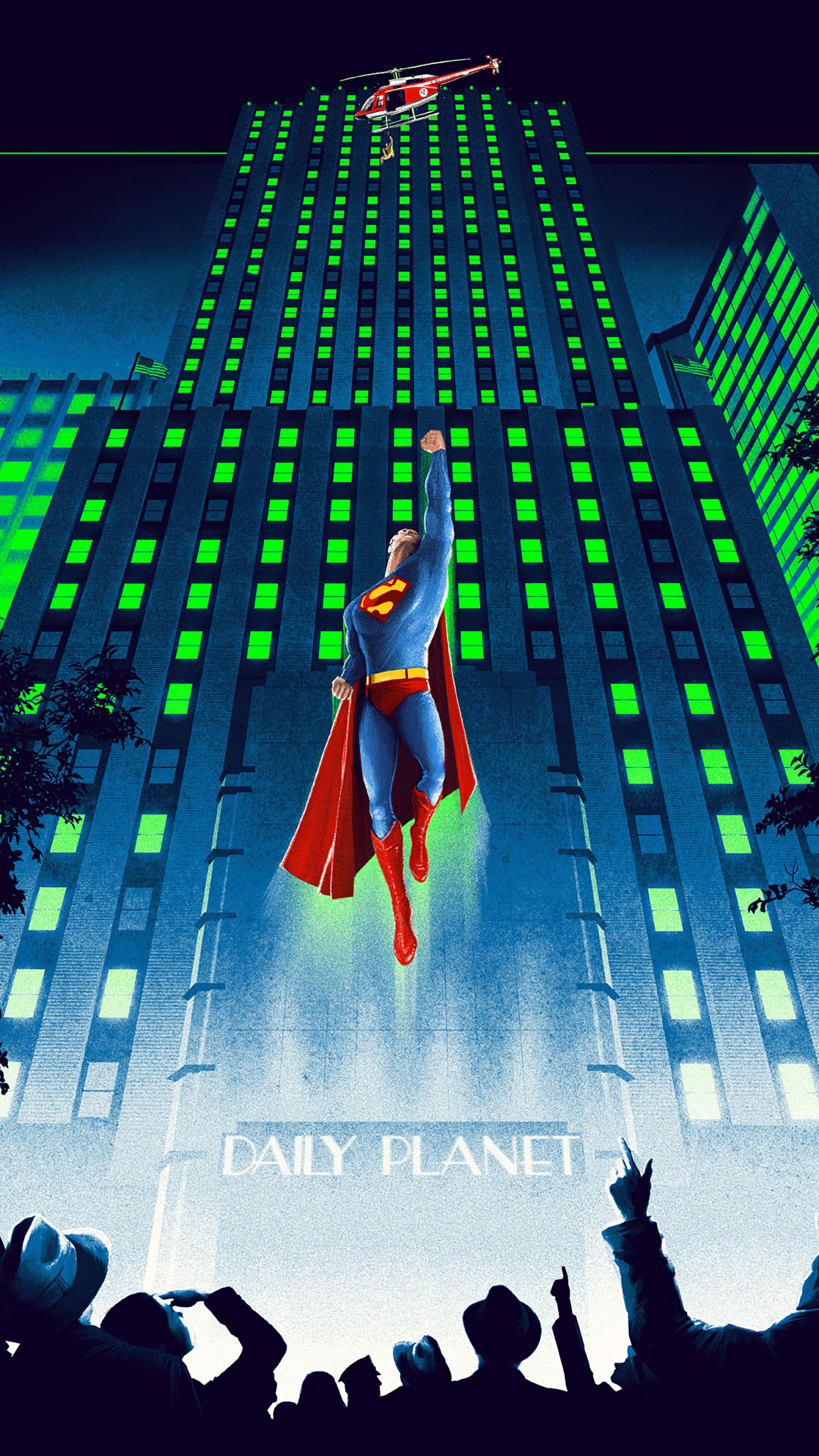 Superman flying in front of the Daily Planet building HD Phone Wallpaper