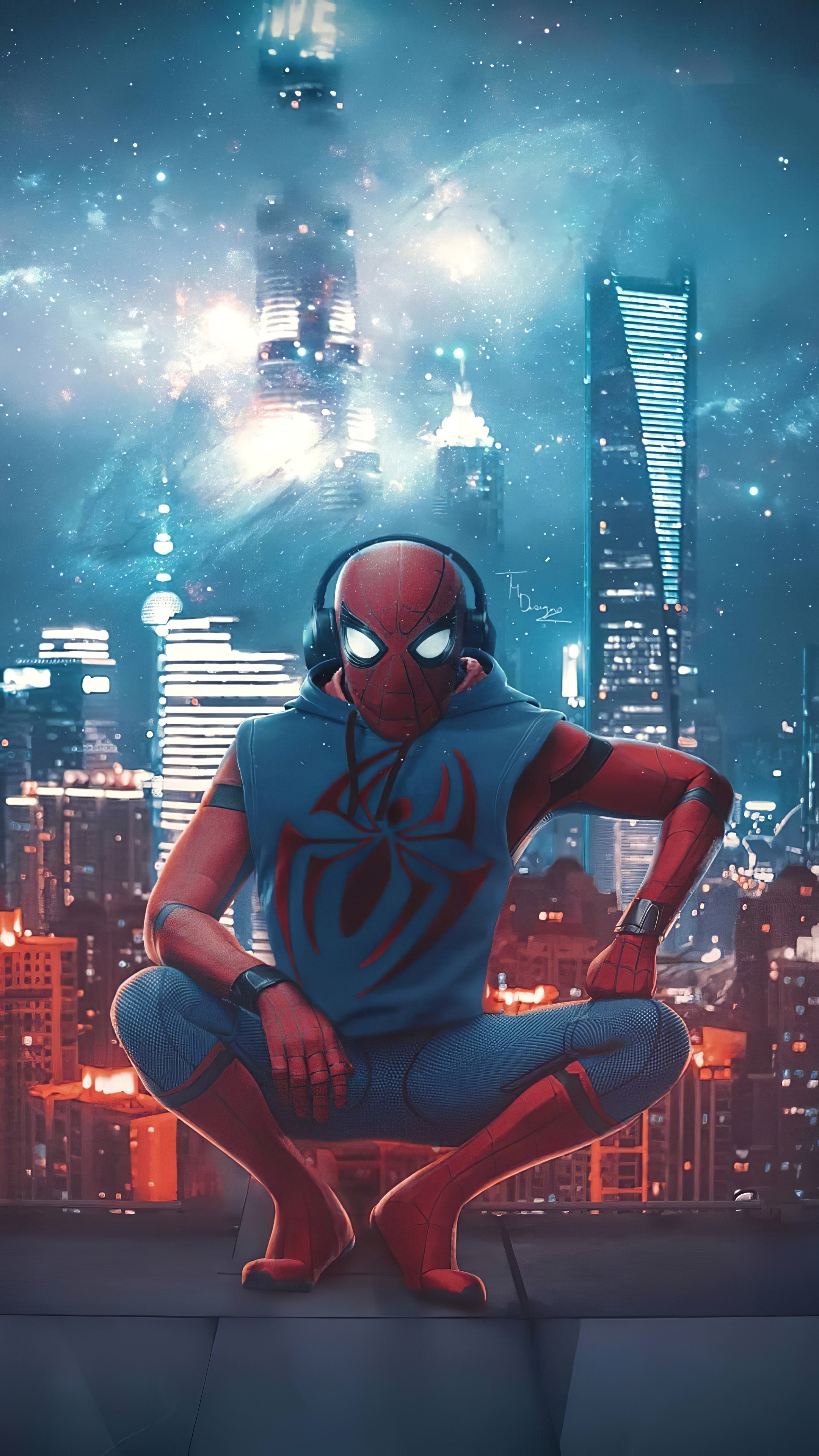 Spider-Man with headphones in a city at night HD Phone Wallpaper