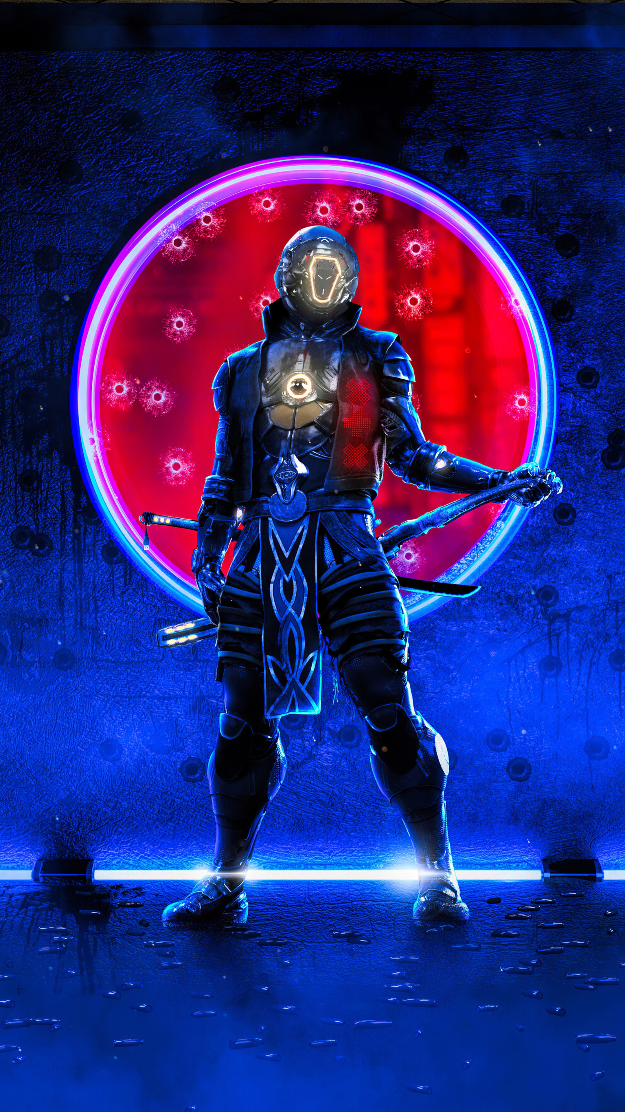 Cyberpunk warrior with swords in front of red circle HD Phone Wallpaper