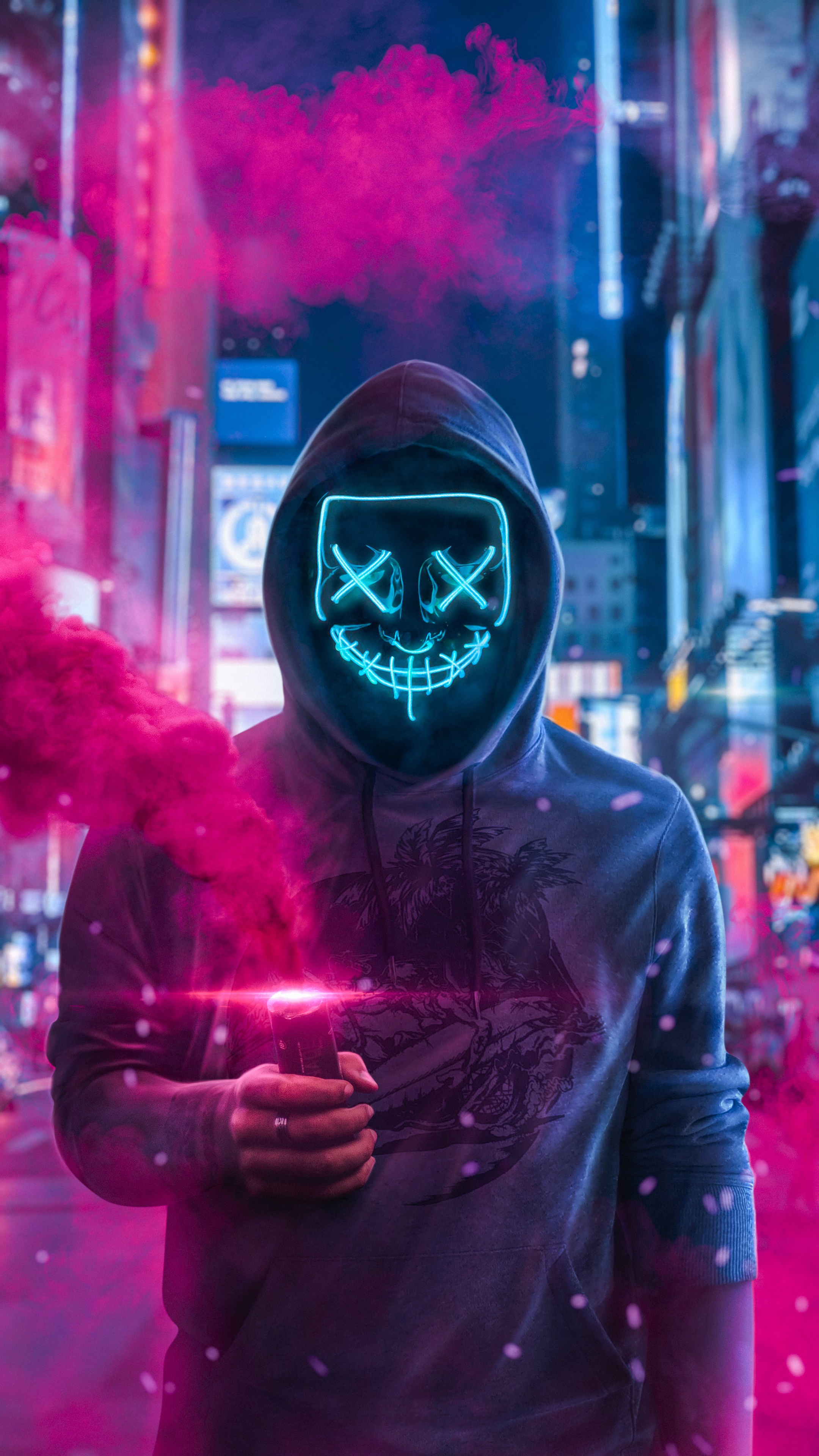 Person in Anonymous mask with pink smoke HD Phone Wallpaper