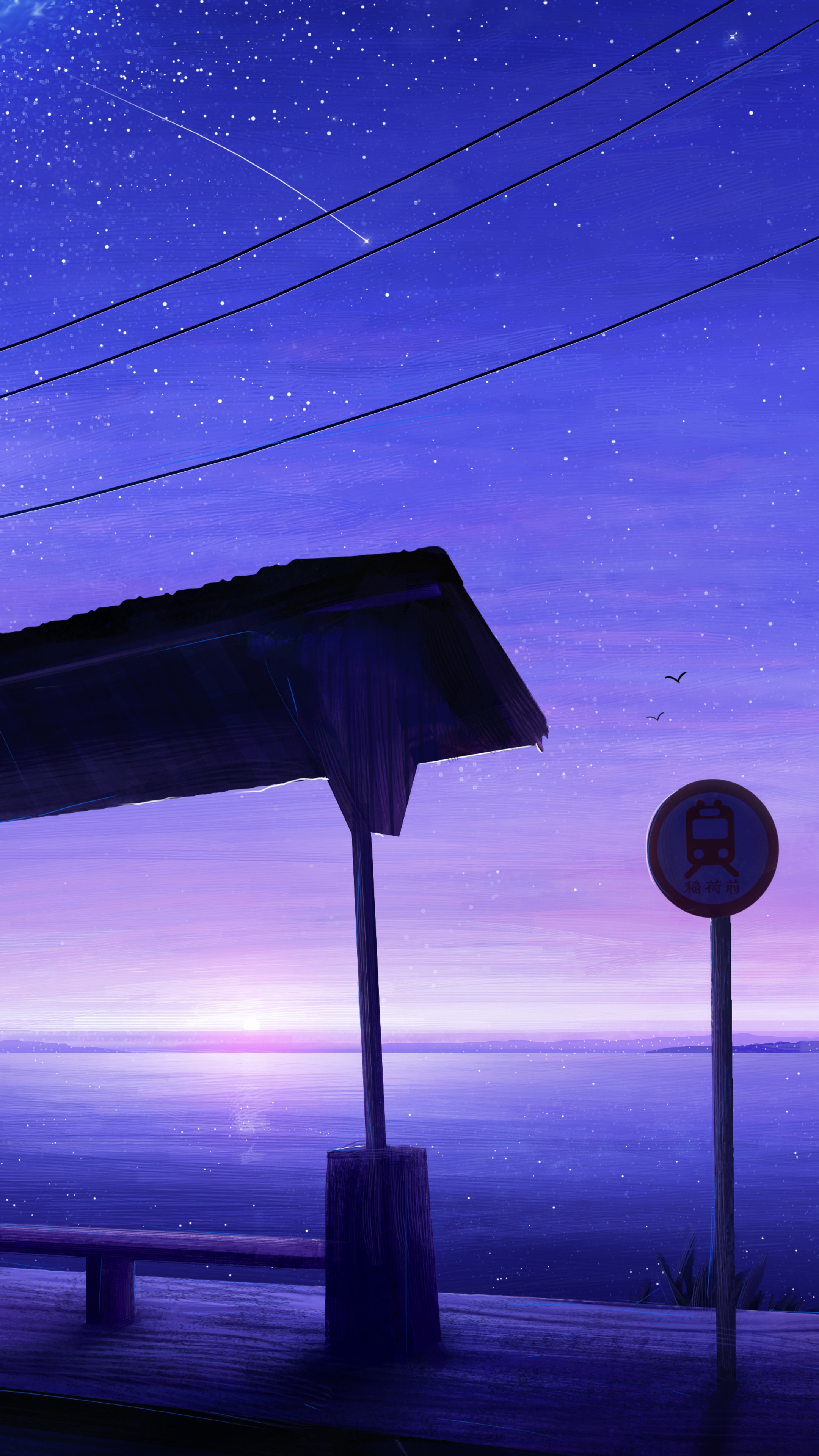Bus stop by the sea at night HD Phone Wallpaper