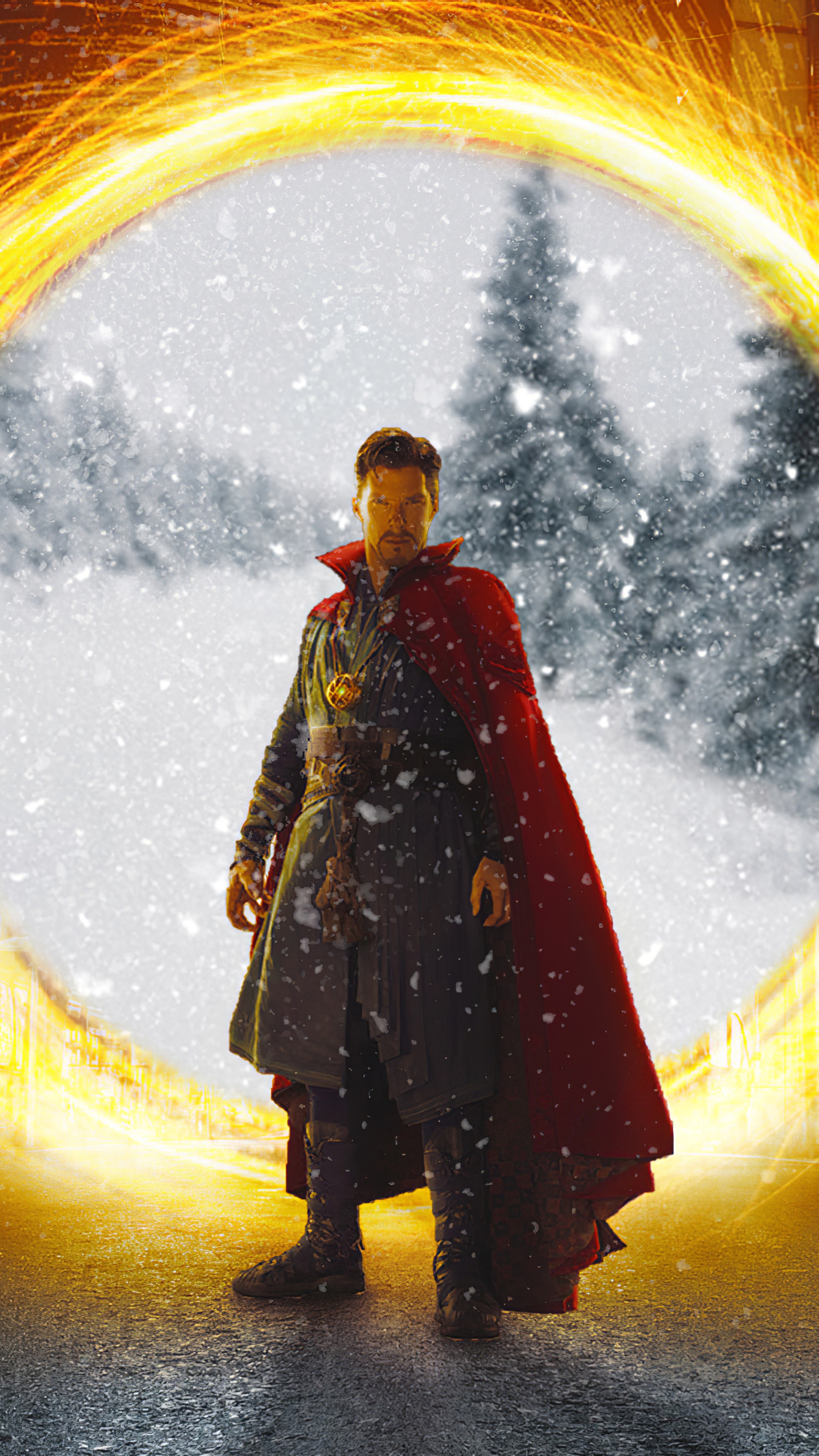 Doctor Strange in a snowy landscape with a portal HD Phone Wallpaper