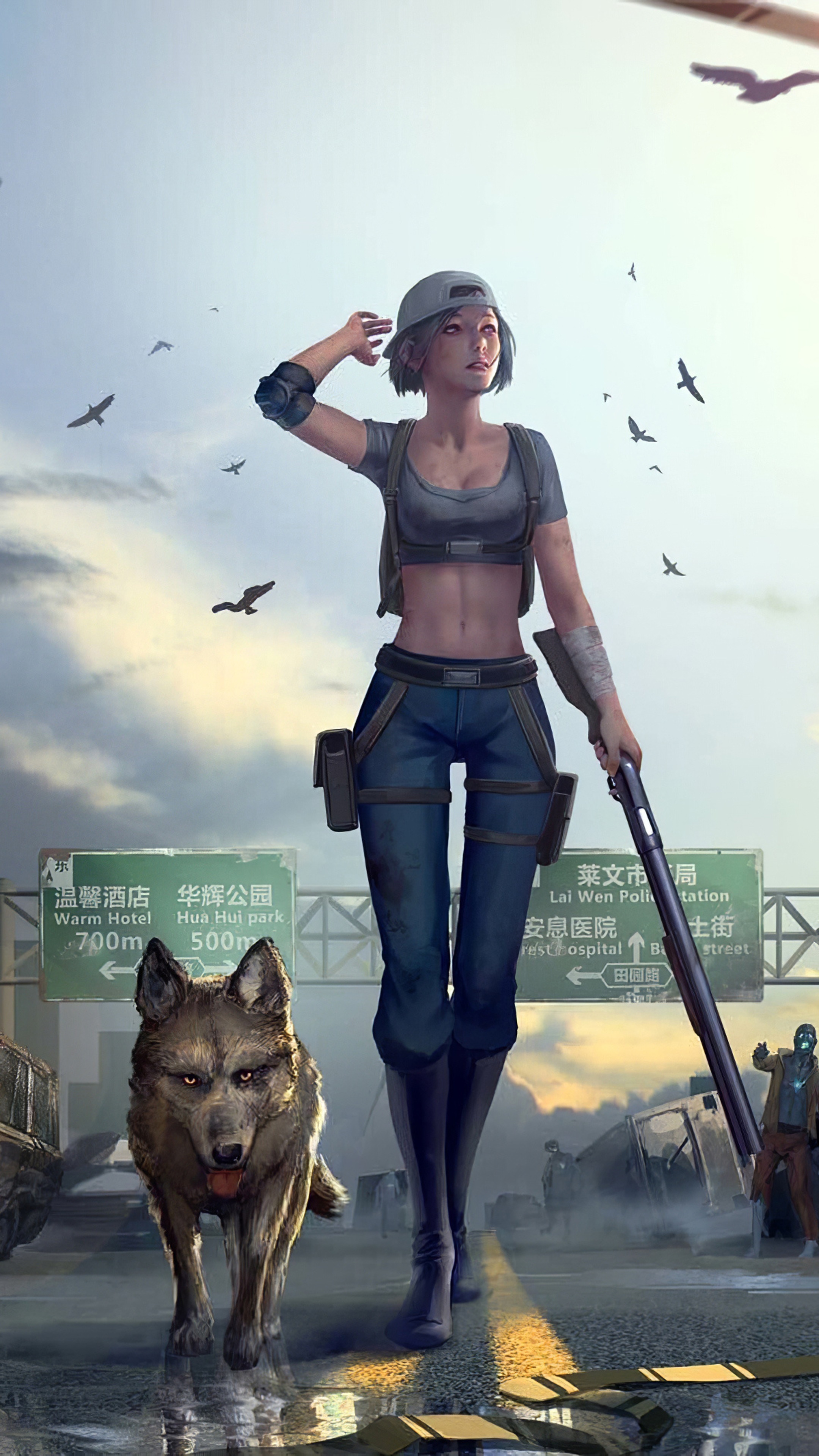 Girl with dog and shotgun on road HD Phone Wallpaper