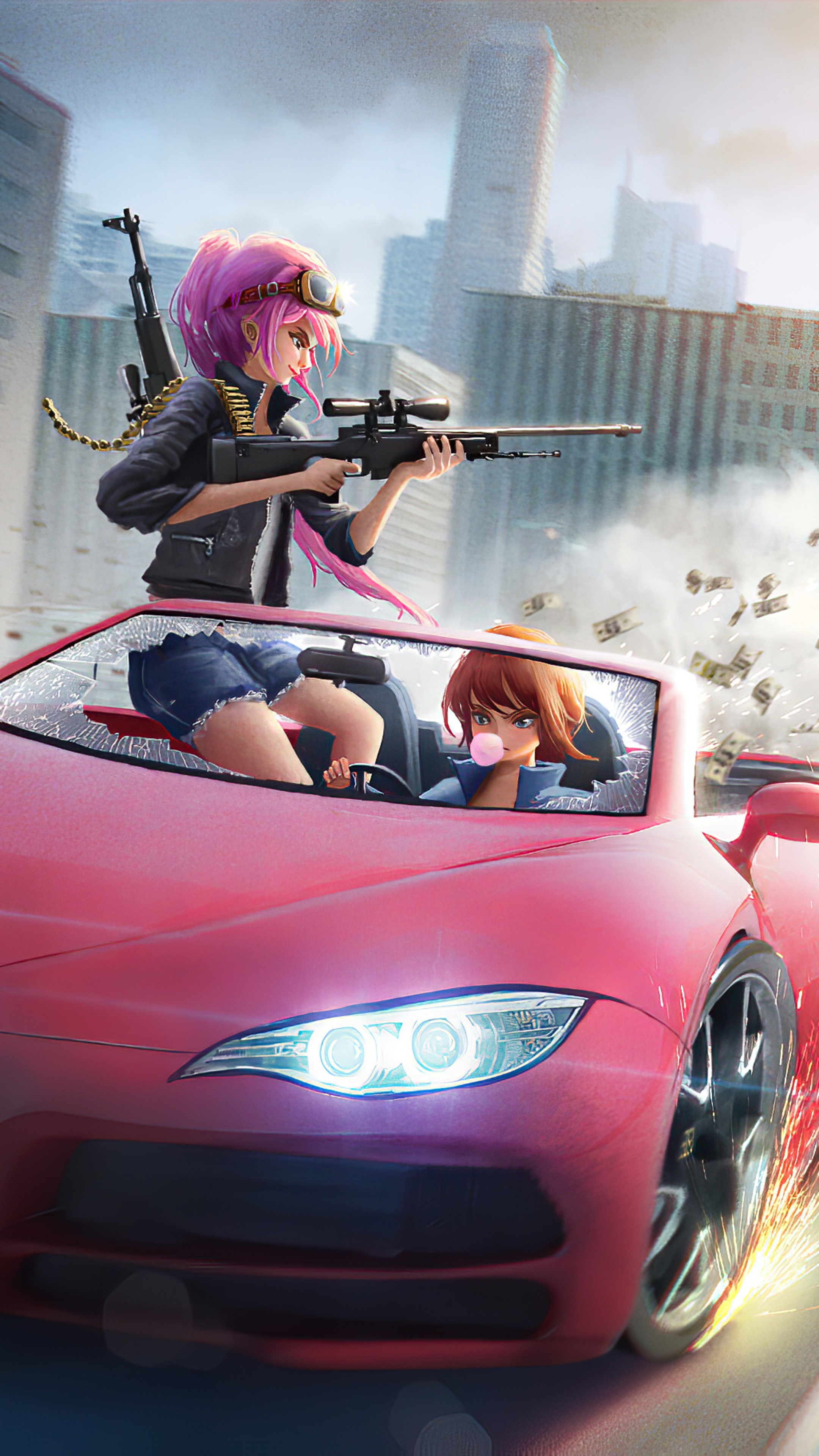 Anime girls with guns in a car HD Phone Wallpaper