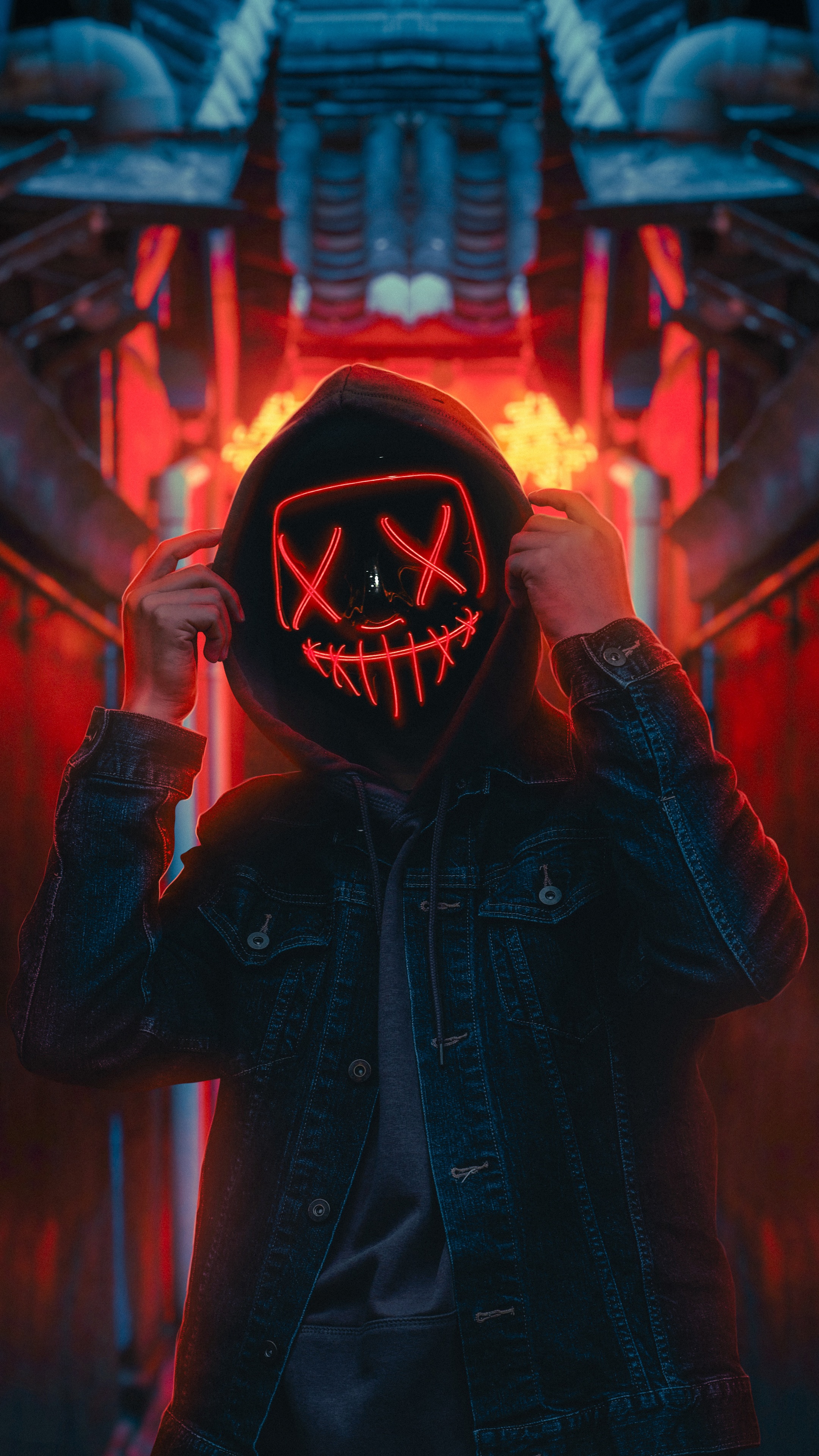 Person wearing a red LED mask and hoodie HD Phone Wallpaper