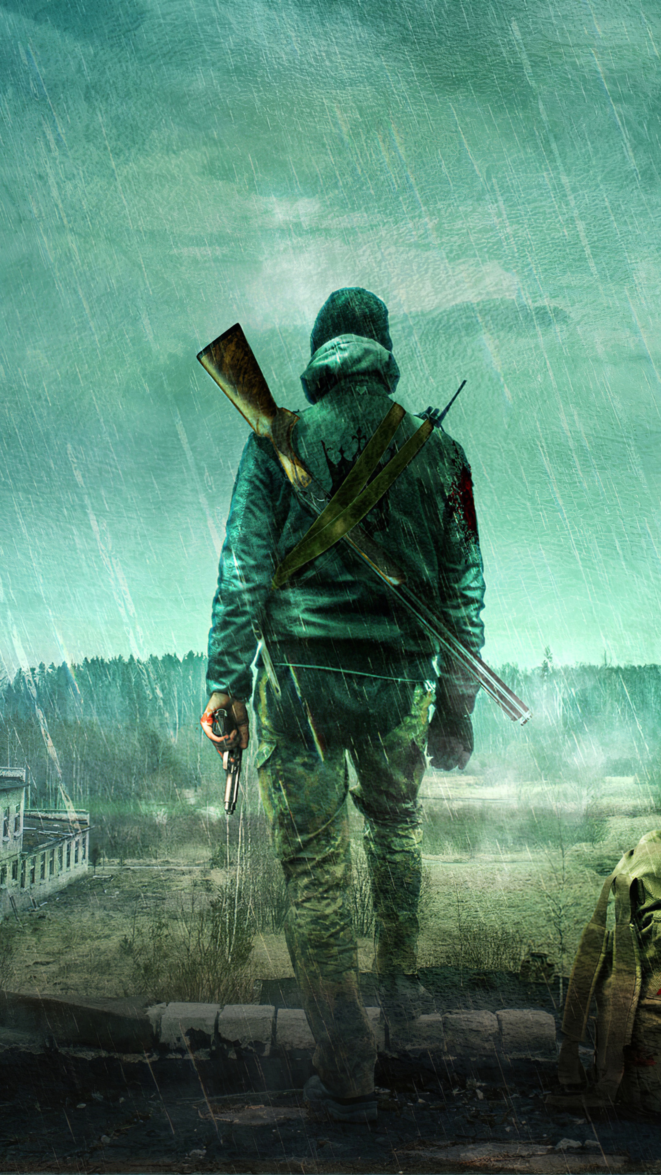 Man with rifle and pistol in the rain HD Phone Wallpaper