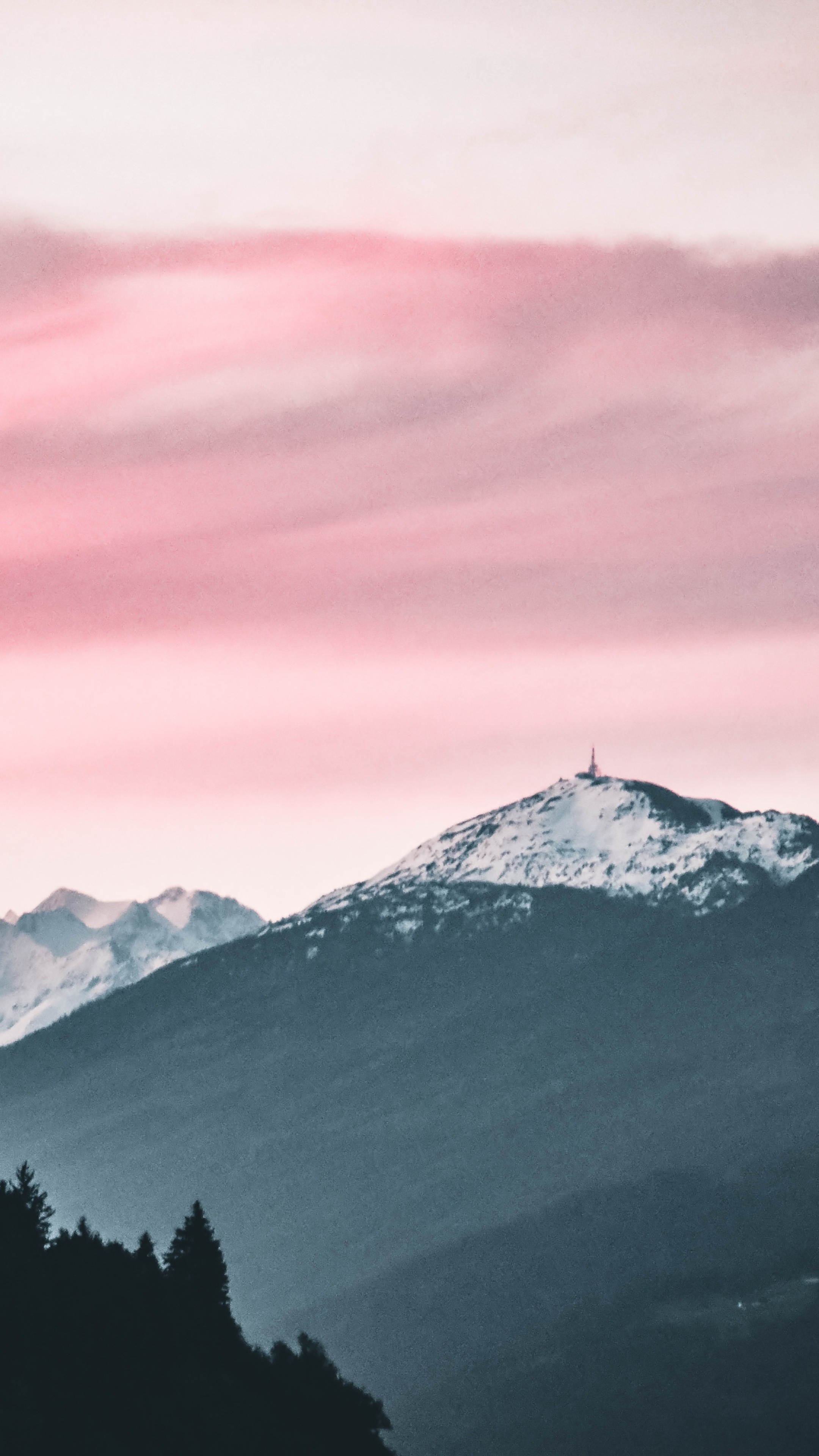 Snow-capped mountains under pink sky HD Phone Wallpaper