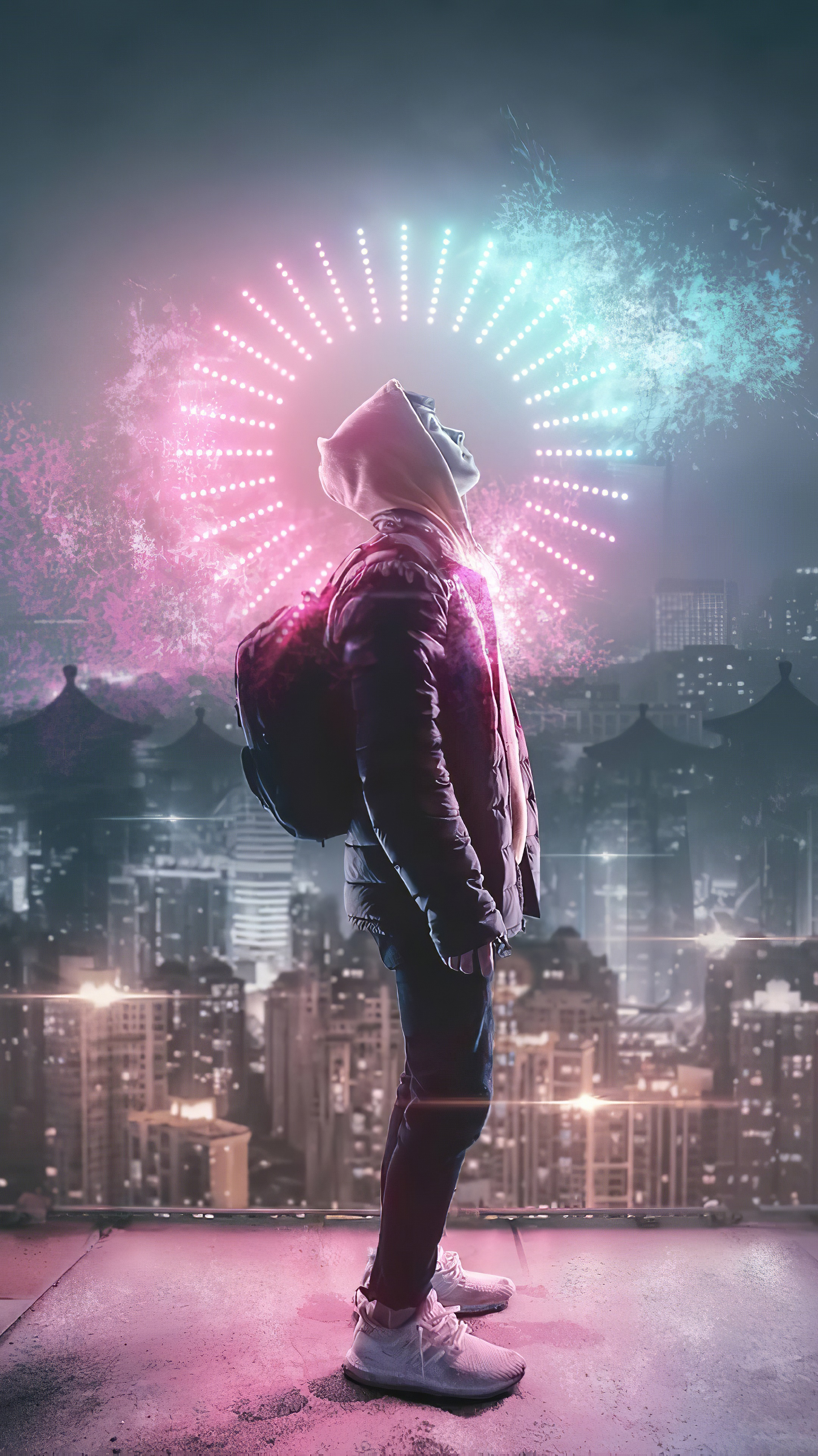 Boy with glowing halo over cityscape HD Phone Wallpaper