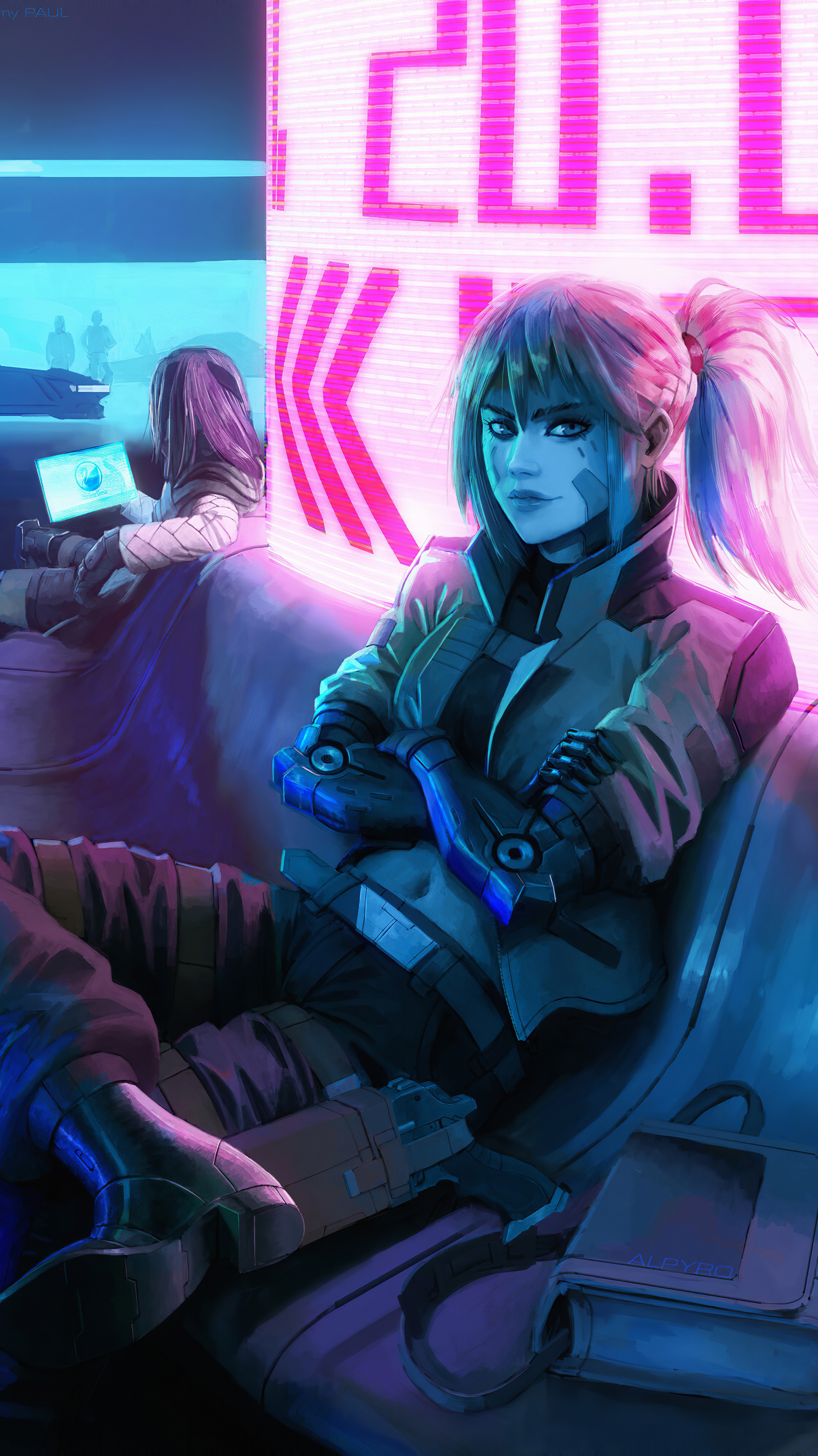 Cyberpunk artwork of a woman with robotic arm HD Phone Wallpaper