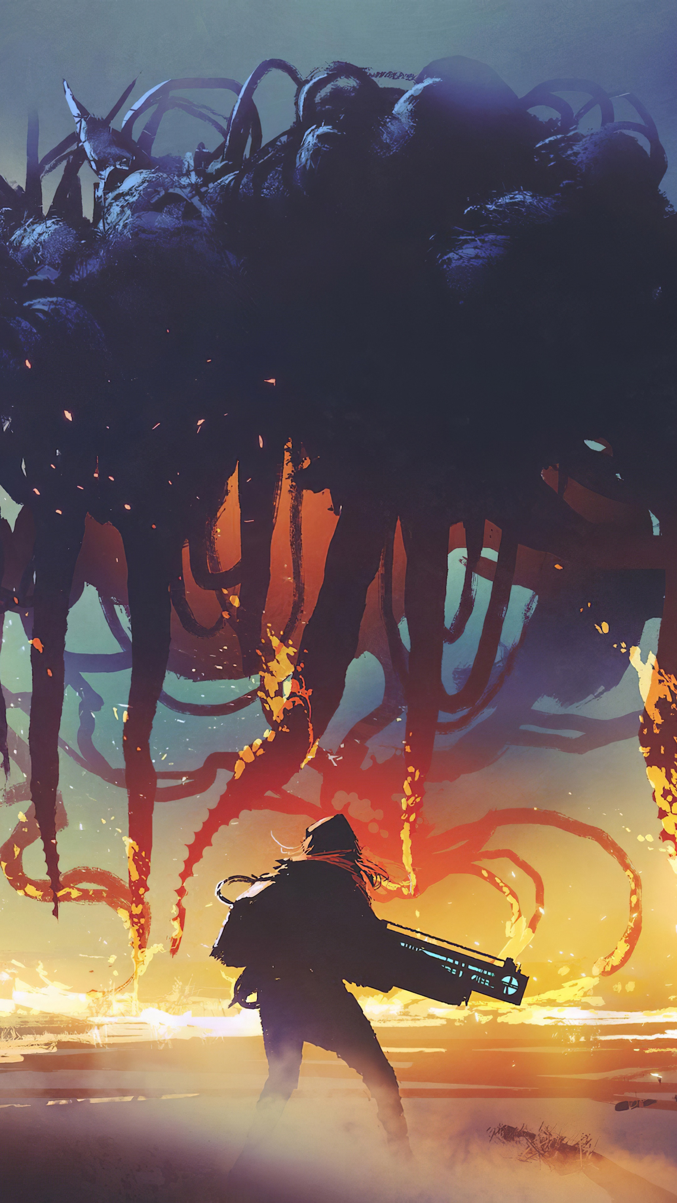 Man with weapon facing a giant monster HD Phone Wallpaper
