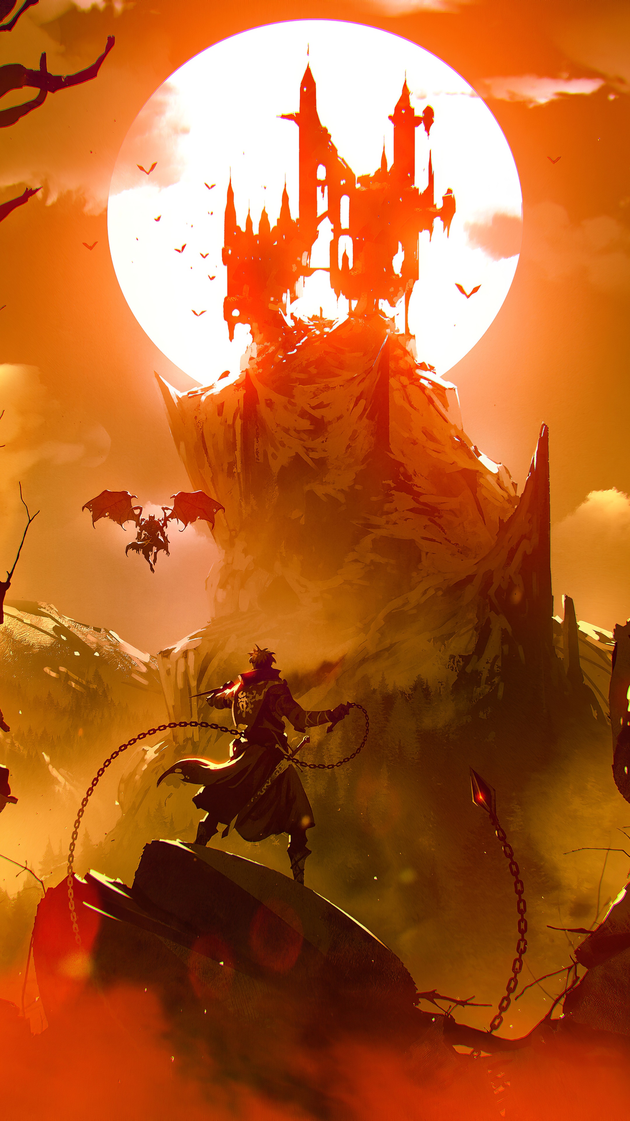 Artwork of a castle on a mountain with a man and a devil HD Phone Wallpaper