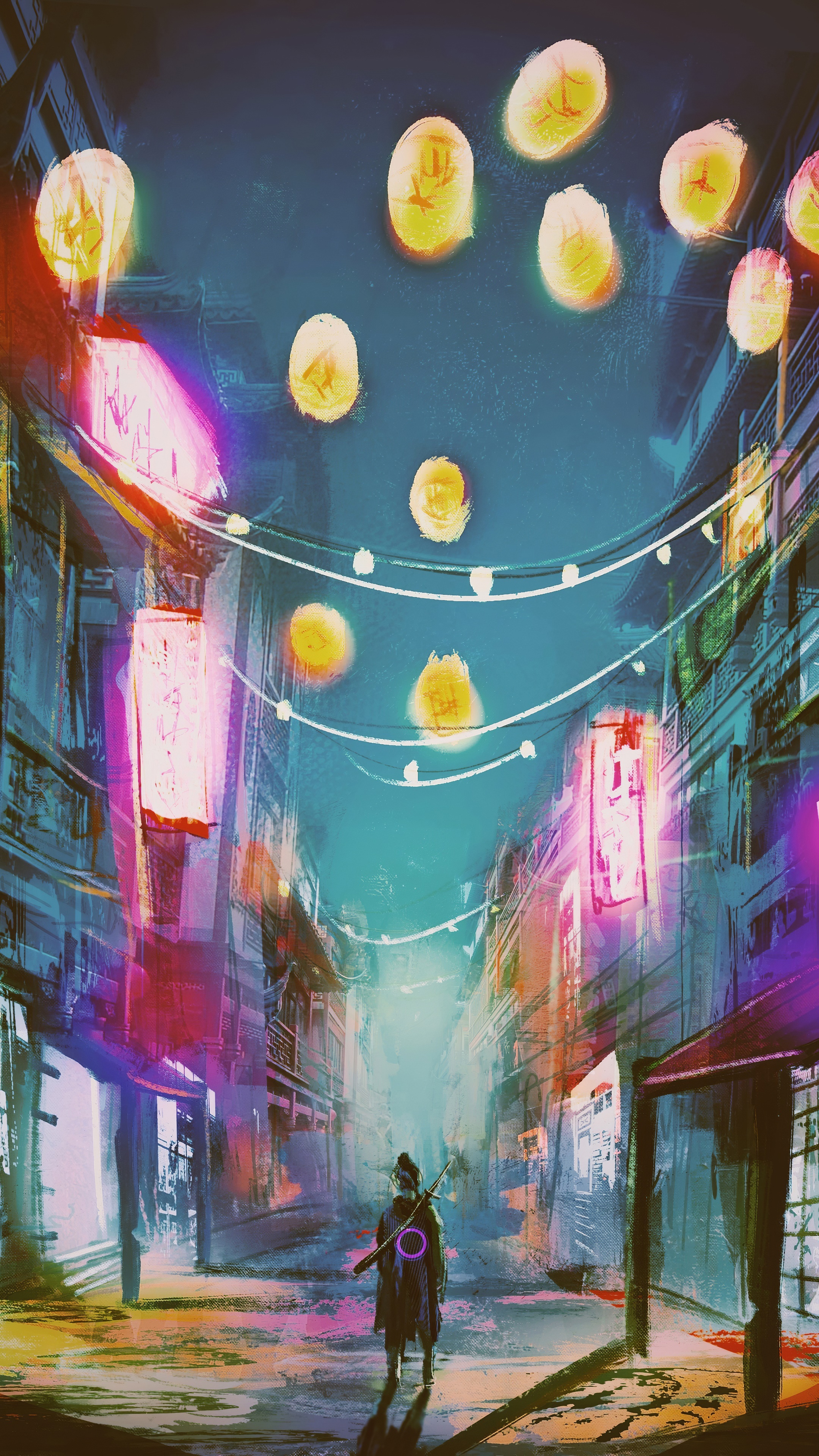 Warrior in a lantern-lit alleyway, digital art HD Phone Wallpaper