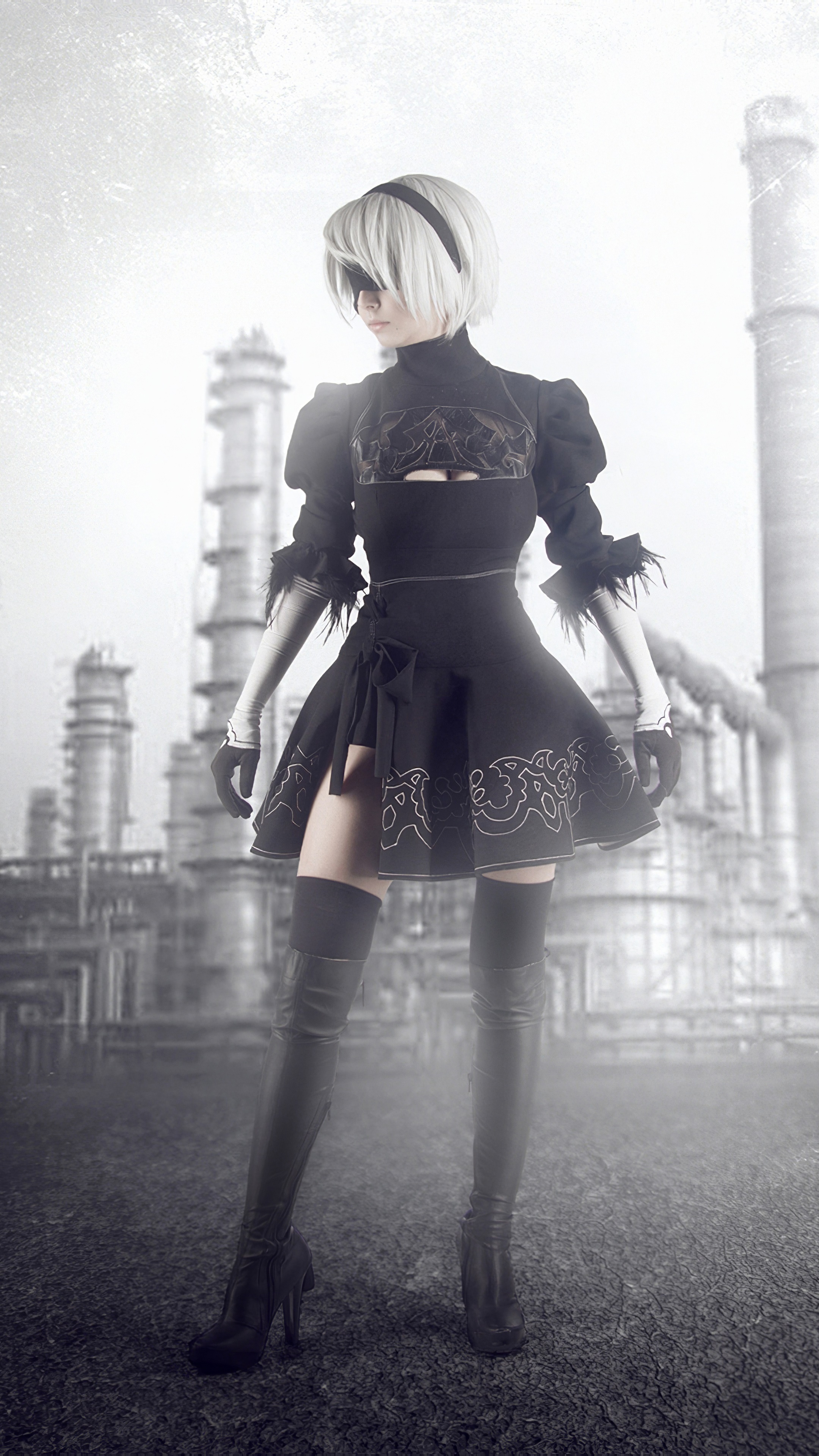 2B from Nier: Automata in an industrial setting HD Phone Wallpaper