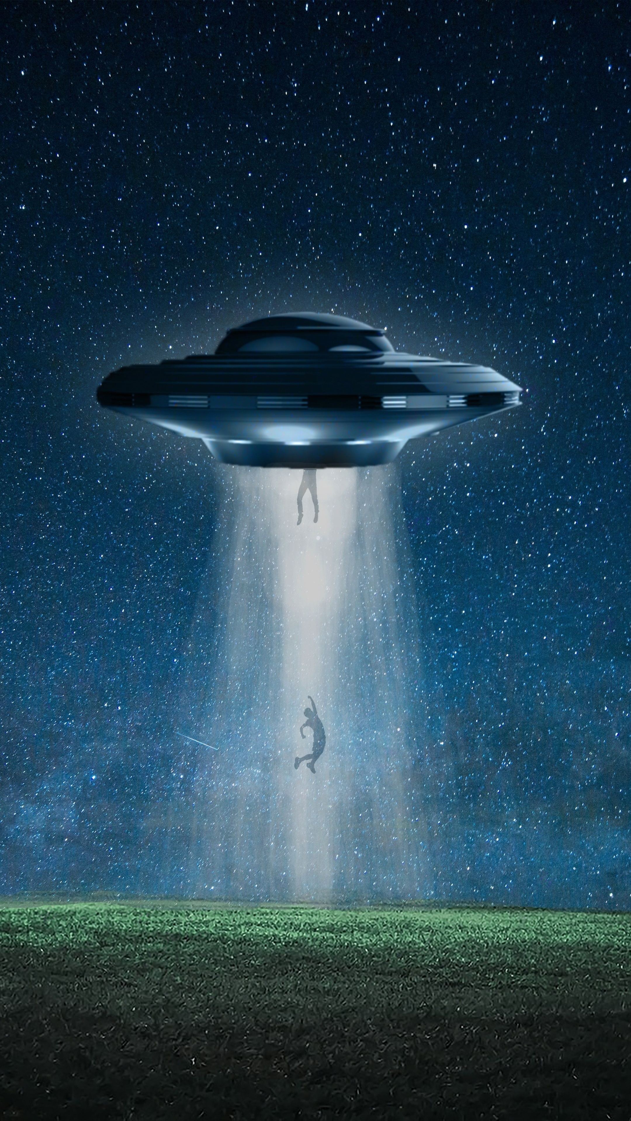UFO Abducting People in a Field Under a Starry Sky 4K HD Phone Wallpaper
