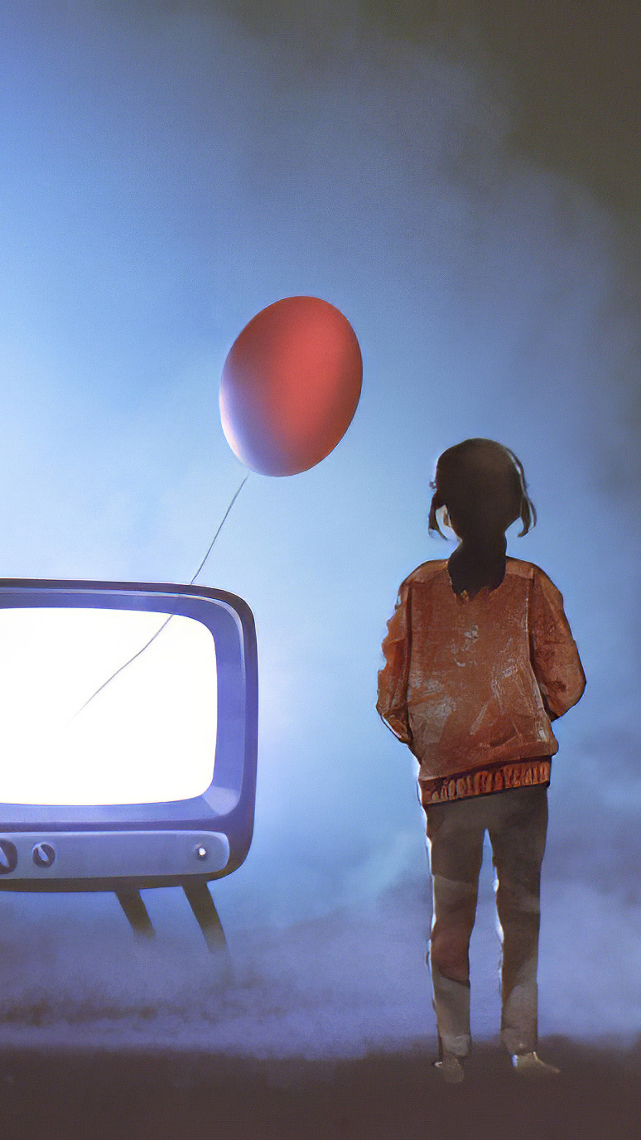 Child with red balloon and vintage TV HD Phone Wallpaper
